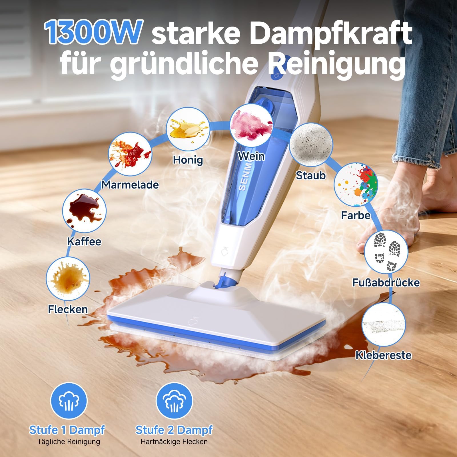 SENMO Dampfreiniger 10-in-1 mit abnehmbarem Handdampfreiniger, 15 s Aufheizzeit, 230°F Heißdampf, als Dampfmop mit Zubehör & 2 Pads, für Böden, Parkett, Fliesen, Fugen, Teppich, Küche & Bad