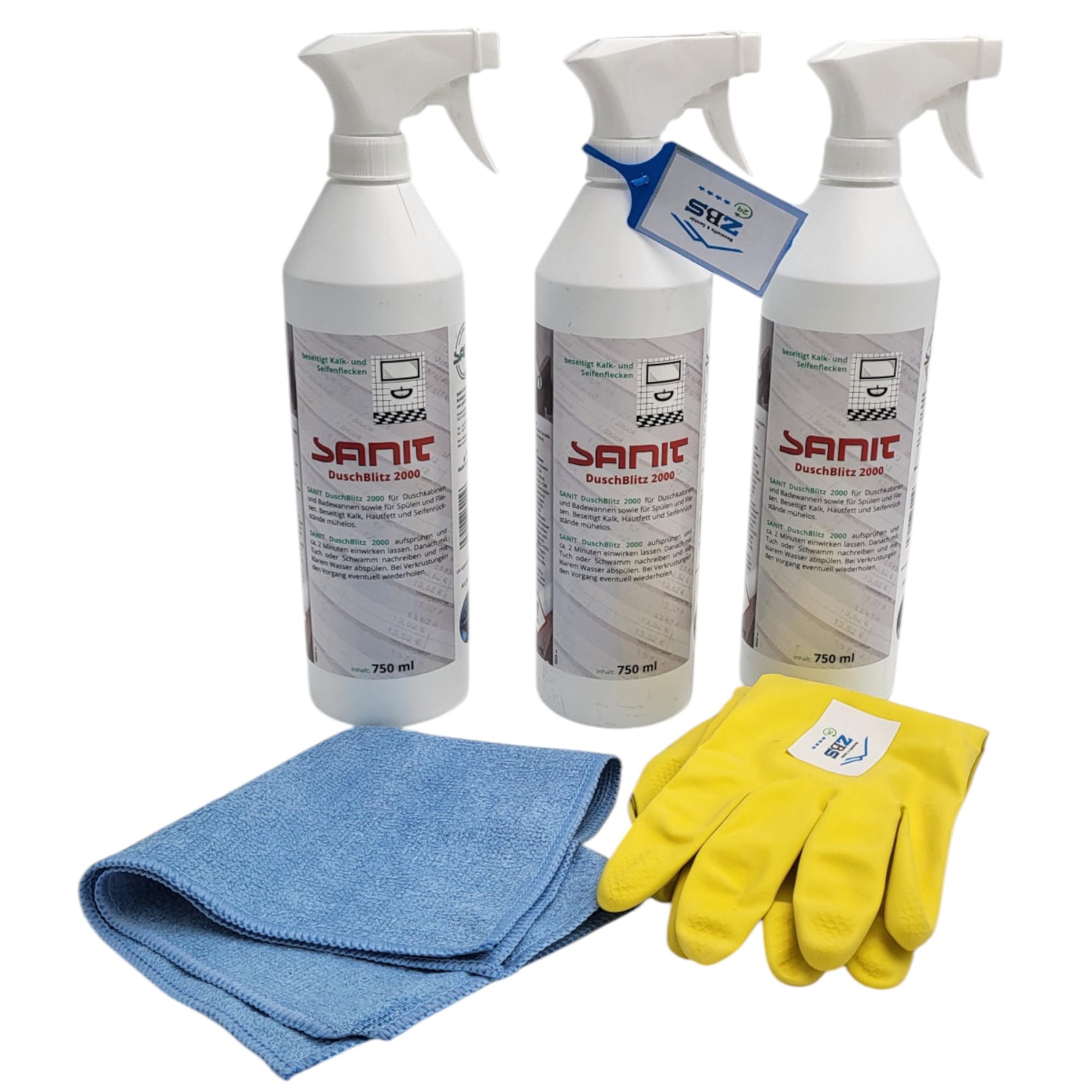 Sanitärshop Baustoffe & Sanitär Set: 3 x Sanit Duschblitz 2000 750ml + gratis Latex Handschuhe - Kalk, Hautfett und Seifenrückstände auf Duschkabinen, Fliesen und Wannen (3)