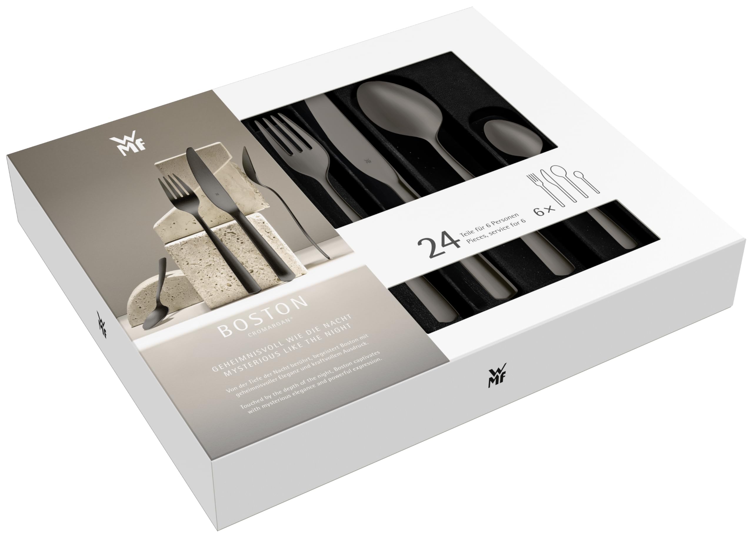 WMF Boston Black Besteckset, 24-teilig, 6 Speisen, Cromargan-Edelstahl mit polierter Oberfläche, spülmaschinengeeignet