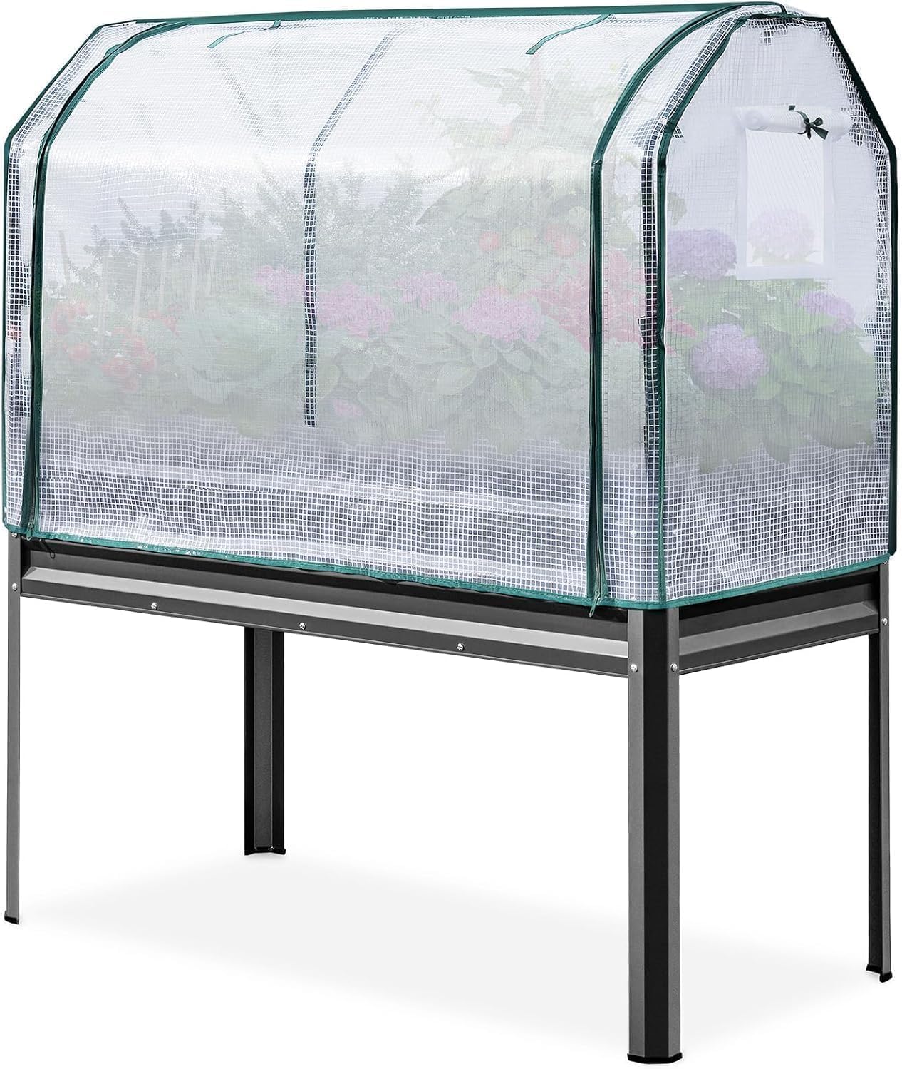 KING BIRD Large Raised Garden Bed with Cover, Galvanized Elevated Planter Box with Legs for Backyard, Patio, Balcony, 120x58x140cm