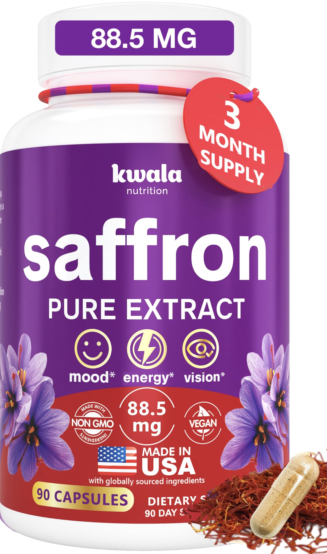 Saffron Supplements for Mood, Energy & Focus - 100% Pure Saffron Extract - 88.5mg - 3 Month Supply - Made in USA - 90 Veggie Capsules