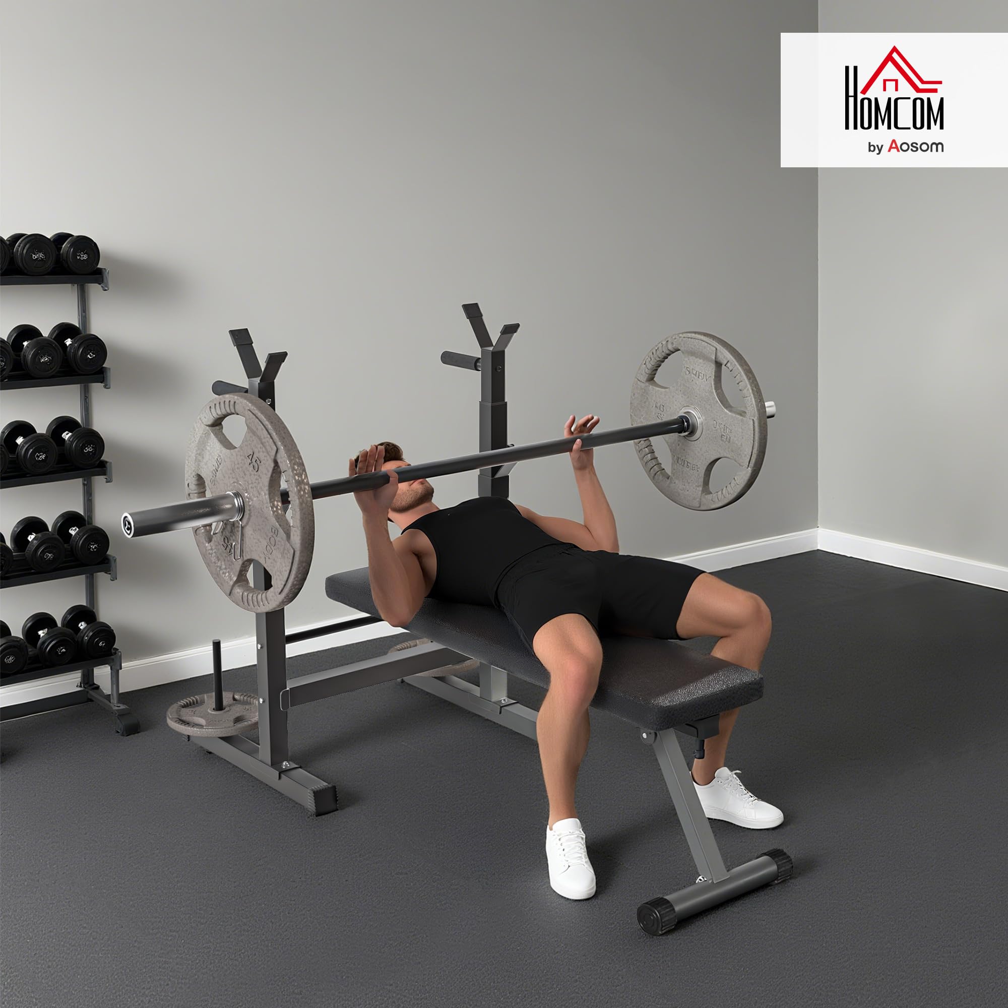 HOMCOM Panca da Palestra Pieghevole con Supporto per Bilanciere Regolabile in 8 Posizioni, Panca Pesi in Acciaio e PU per Palestra Casa, Portata 220 kg, 140x73x98-122 cm