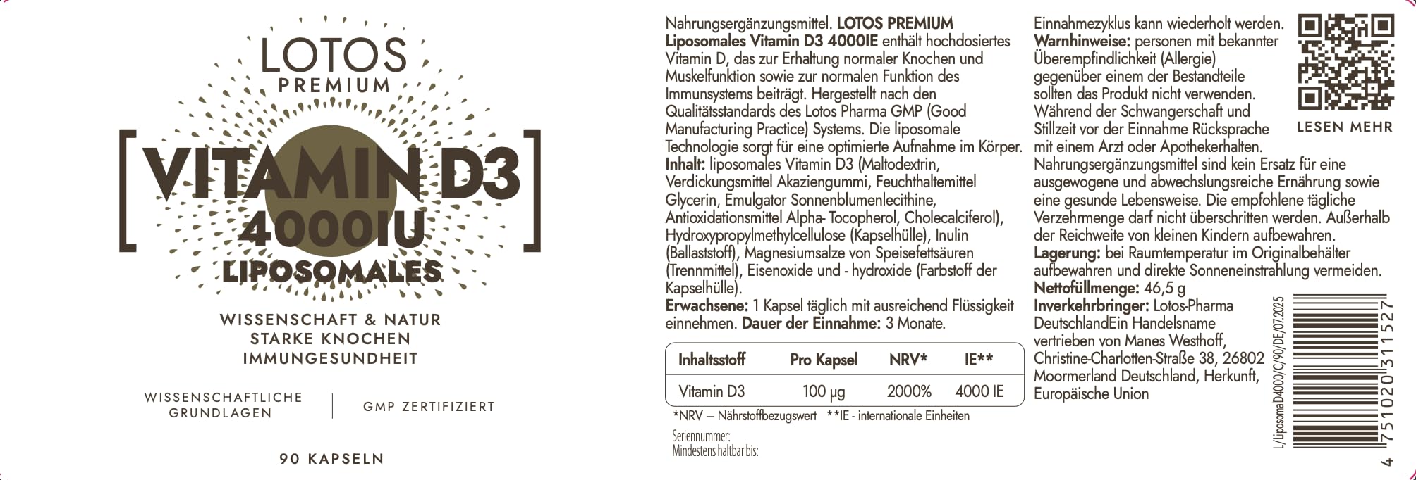 Liposomales Vitamin D3 – 90 Kapseln - 3er-Pack - Vitamin D für Immunsystem und Knochen - Hoch Bioverfügbares Vitamin D3 - GMP zertifiziert Qualitätssystem