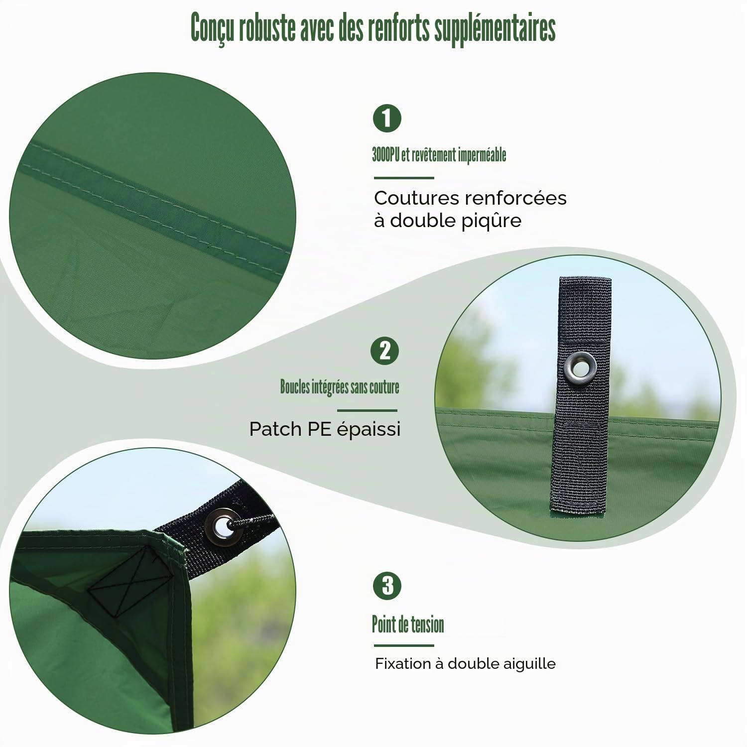 Bâche imperméable 3x3 - Bâche de camping ultra légère avec 19 œillets, goupilles en aluminium, cordes en nylon, clips pour tente, anti UV, neige et pluie pour camping