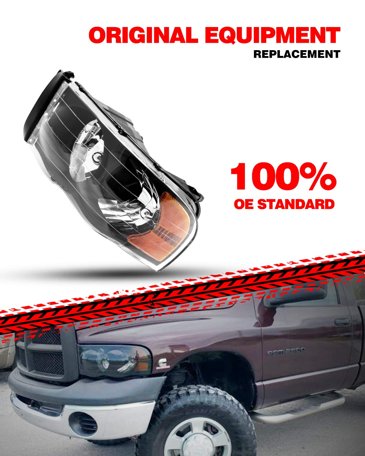MARSFLUX Headlight Assembly Compatible with 2002-2005 Ram1500, 2003-2005 Ram2500/3500 - Black Housing, Amber Reflector, Clear Lens, OE Style Replacement