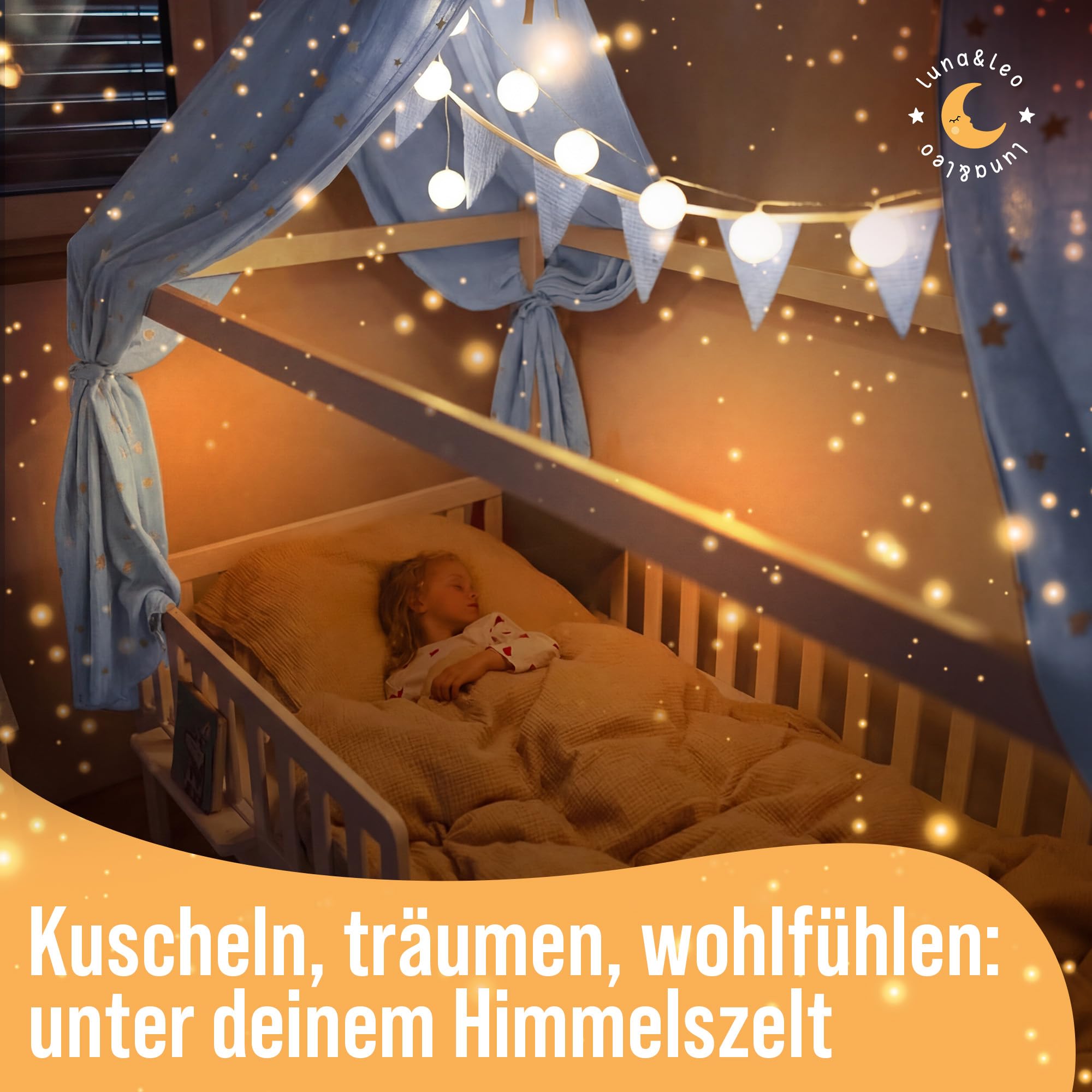 Luna & Leo Hausbett Himmel 3-TLG - mit Sternendruck *TESTSIEGER 2025* [Bio Musselin Baumwolle] Handmade | Himmelbett Vorhänge Betthimmel Deko (Hellblau, 2er Set 320 x 130cm + Wimpelkette)