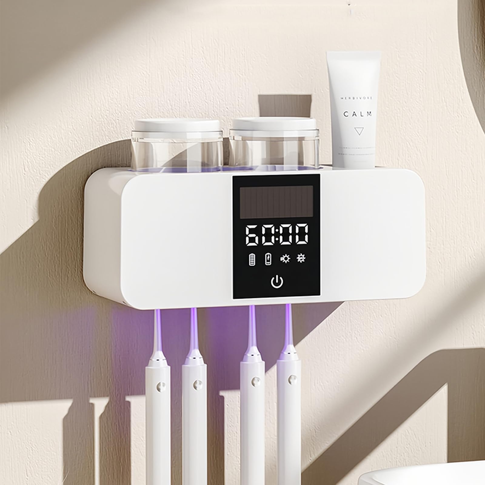Maxspace Soporte para cepillo de dientes, esterilizador de cepillo de dientes UV con secado, carga solar y función de limpieza automática, soporte para cepillos de dientes de pared, sin taladrar, con