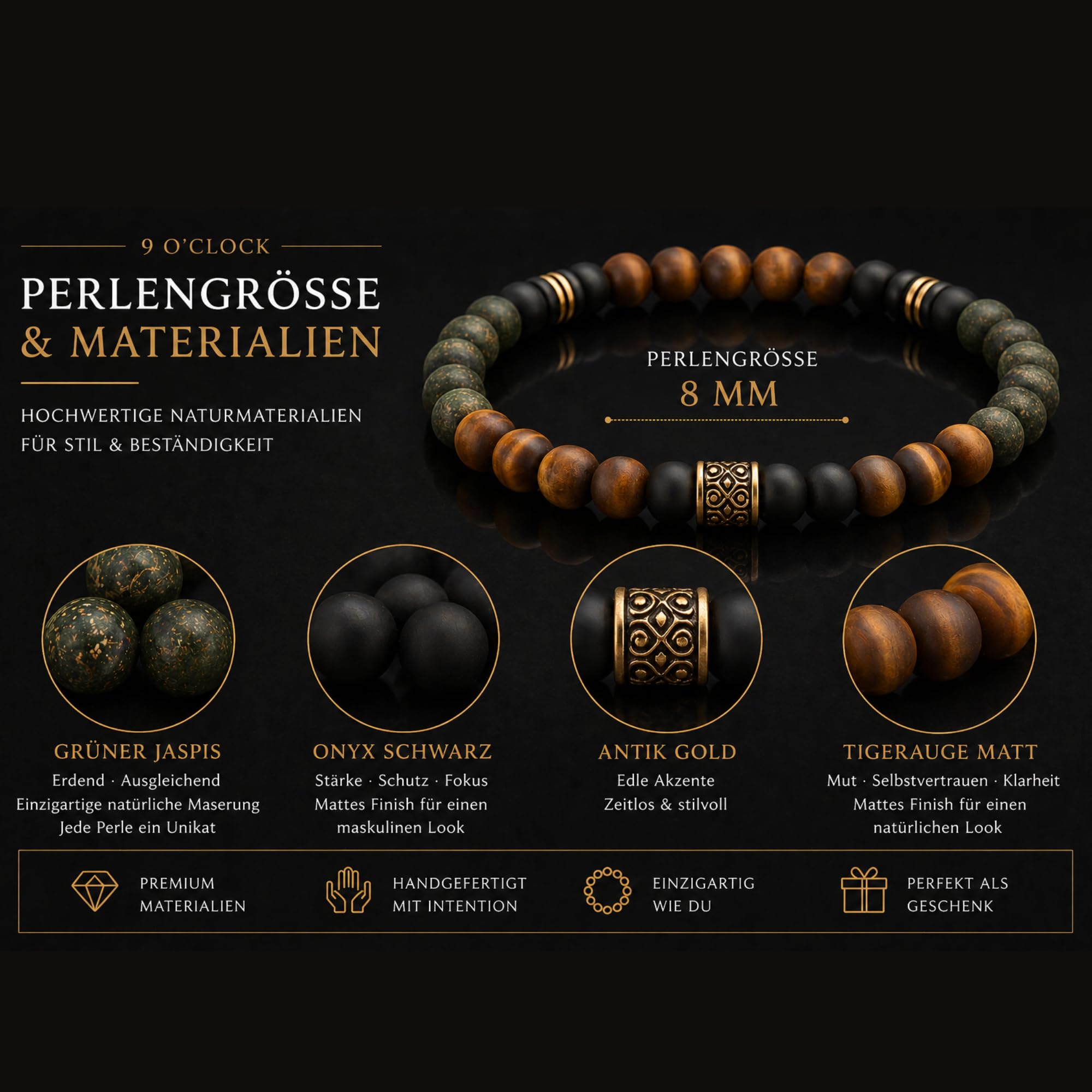 9 - O`Clock Perlenarmband Herren 8mm – Grüner Jaspis & Onyx Schwarz – Tigerauge Matt – Naturstein Armband Männer – Handgemacht in Deutschland – Schmuck Herren Geschenk GROVE