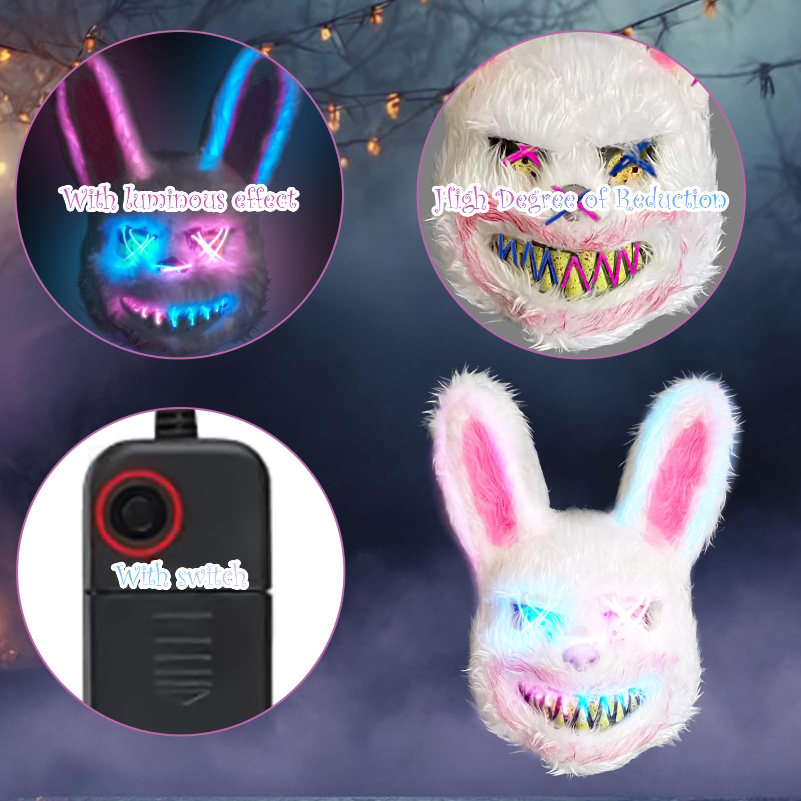 HSYWSH Halloween Scary Bunny Mask Creepy Bloody Bunny Mask Horror Animal Face Mask for Adults Kids Funny Costume for Carnival Party Cosplay Masquerade Bloody Furry Rabbit (White) - Image 4