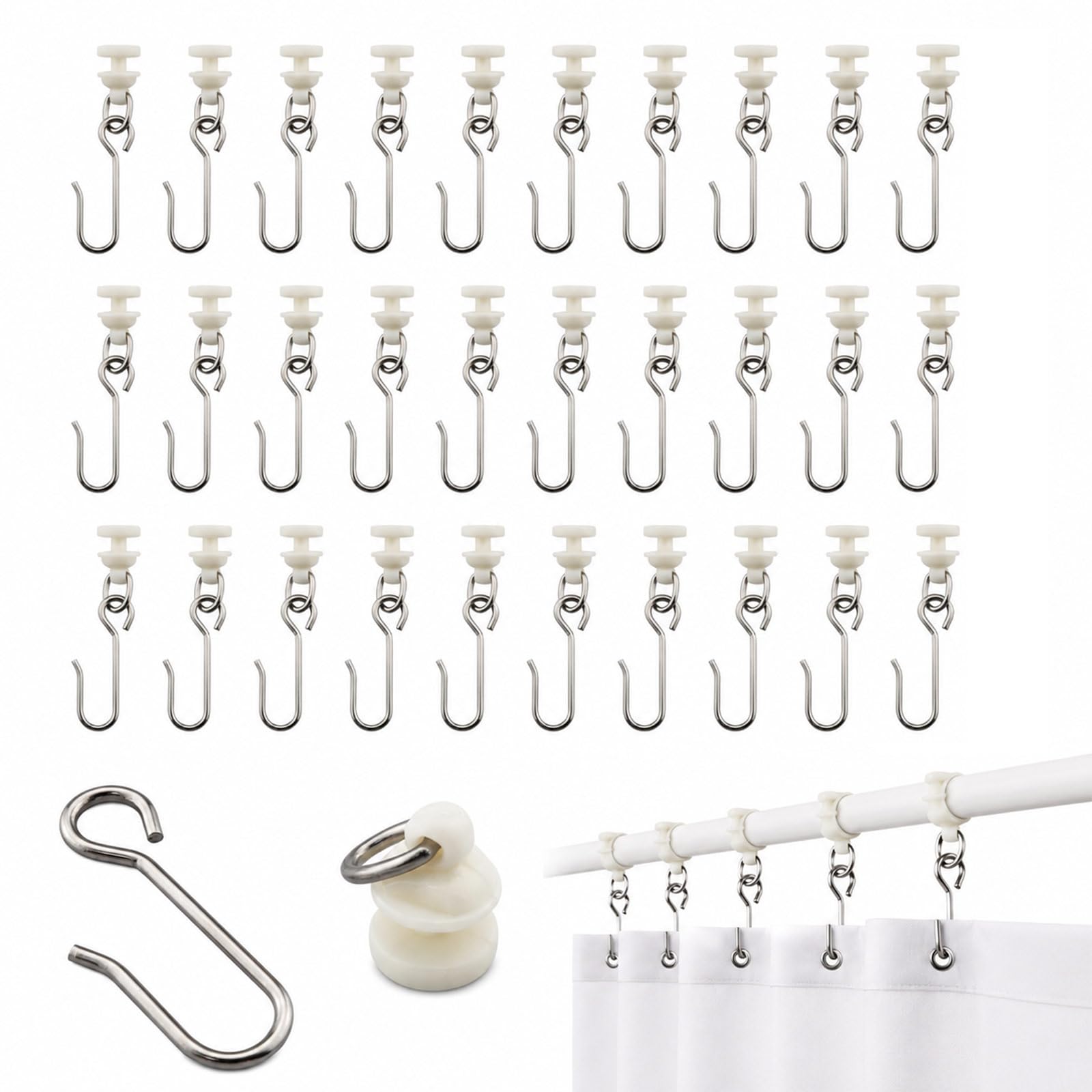 60 Pcs Shower Curtain Track Gliders Hooks Pack of 30 Pieces Hooks and 30 Pieces Gliders for Rails and Tracks(White,Classic Style)