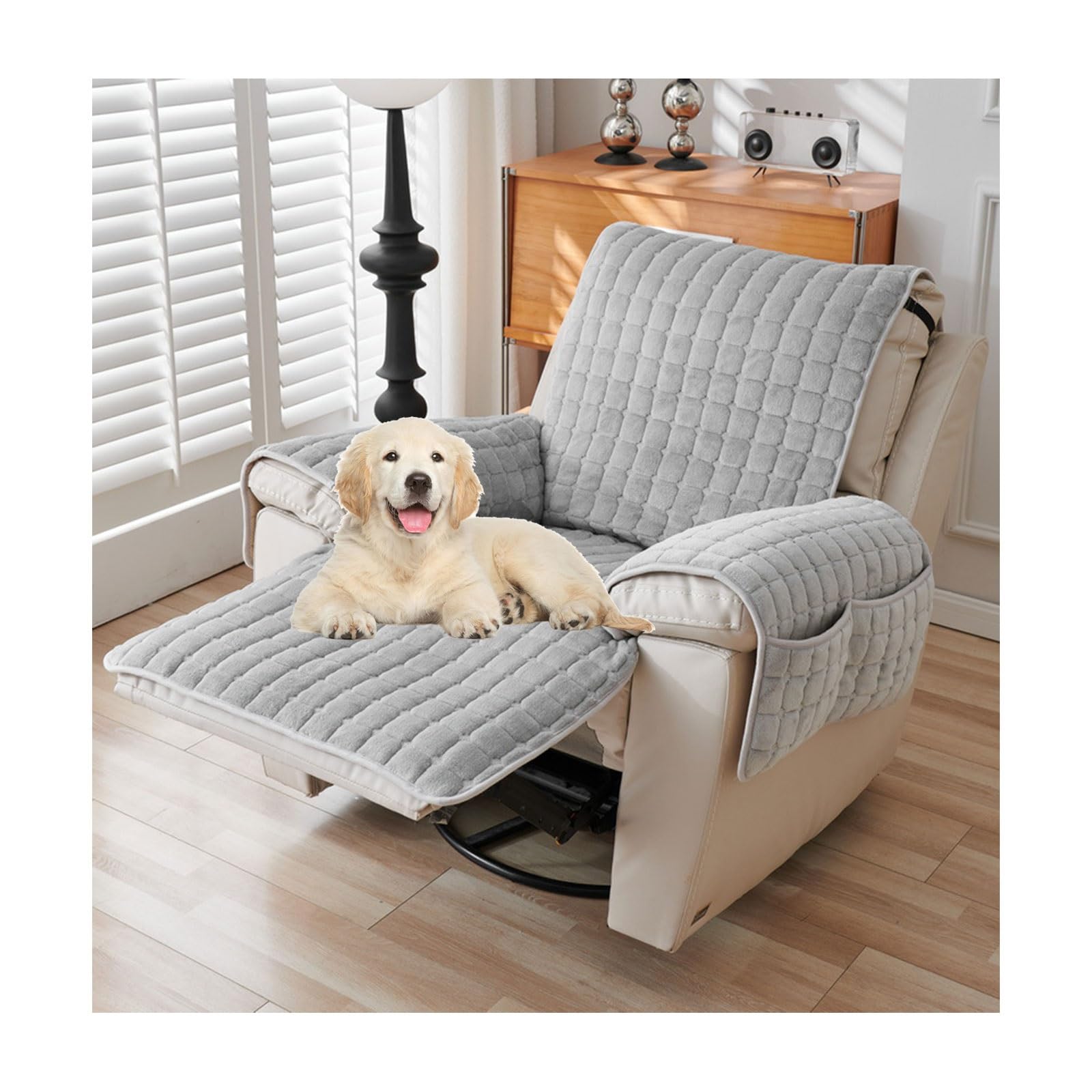 Recliner Chair Cover, Plush Non Slip Armchair Cover, Super Soft Washable Chair Covers for Armchairs, Sofa Slipcover Furniture Protector Cover for Kids and Pets(Gray pocket,3Sitzer(167*190cm))