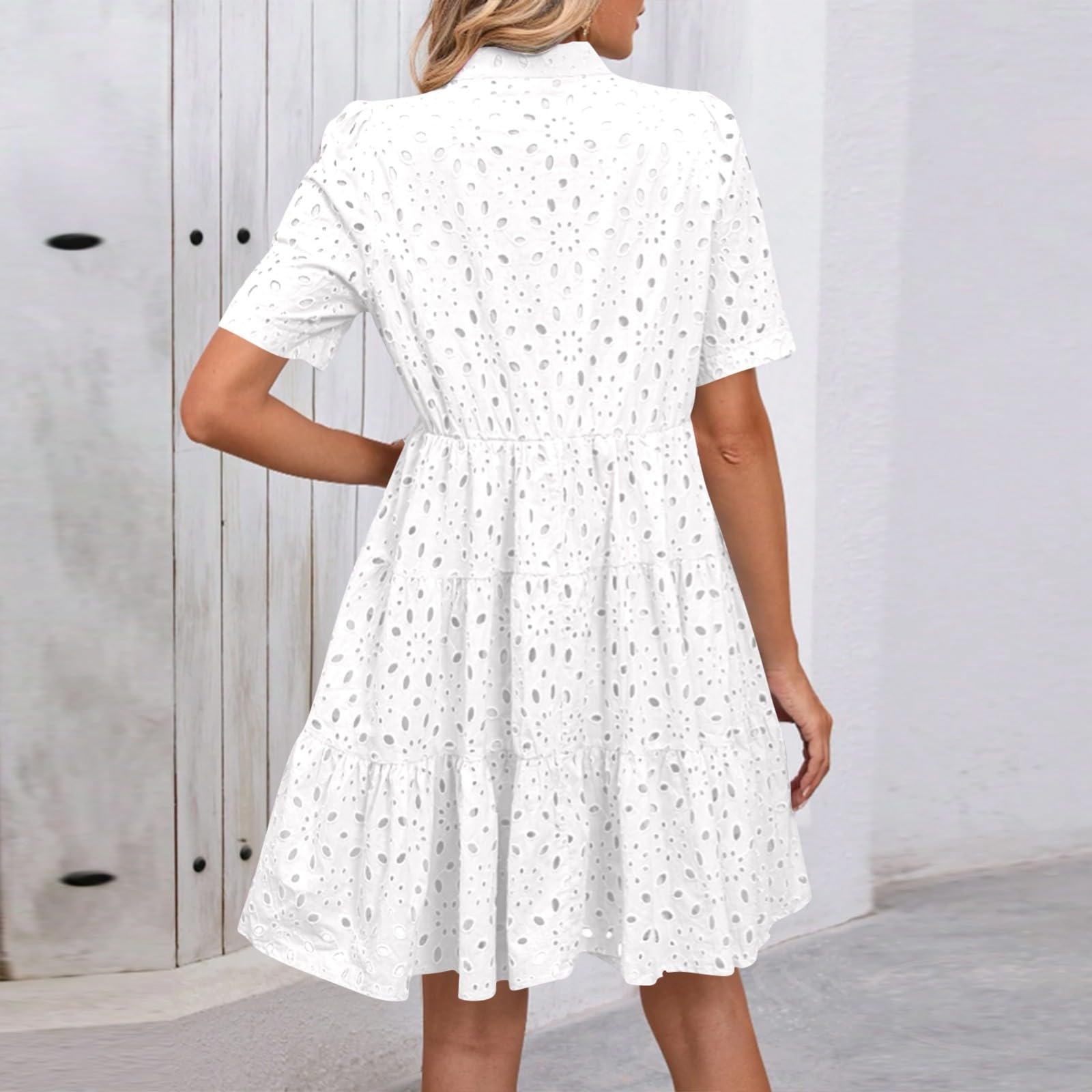 Sommerkleid Damen Knielang A Linie Kleider Sommer Elegant Lochstickerei Kleid Frauen Mit Ösen Strandkleid Häkel Spitze Sommerkleider Leicht Und Luftig Damenkleid V Ausschnitt Freizeitkleid