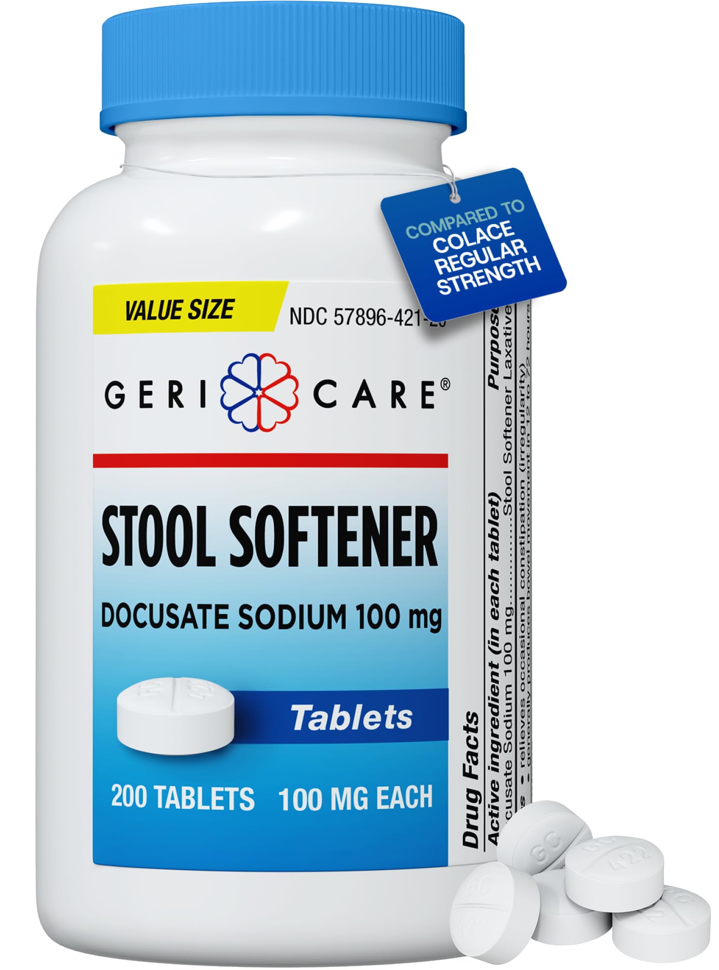 GeriCare Docusate Sodium Stool Softeners | Compared to Colace Regular Strength | Ideal for Constipation Relief,100mg Crushable Tablets. Dye Free (200 Count) Made in The USA.