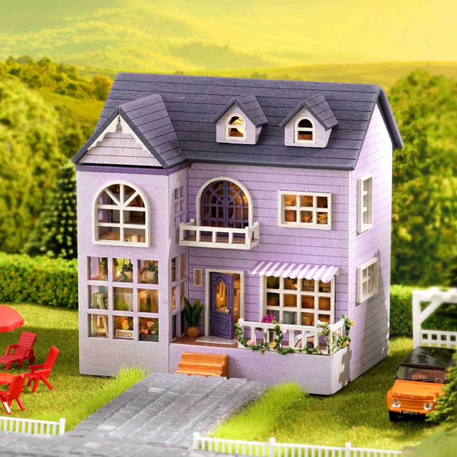 Exterior view of the assembled Roroom Happy House-d032 dollhouse kit