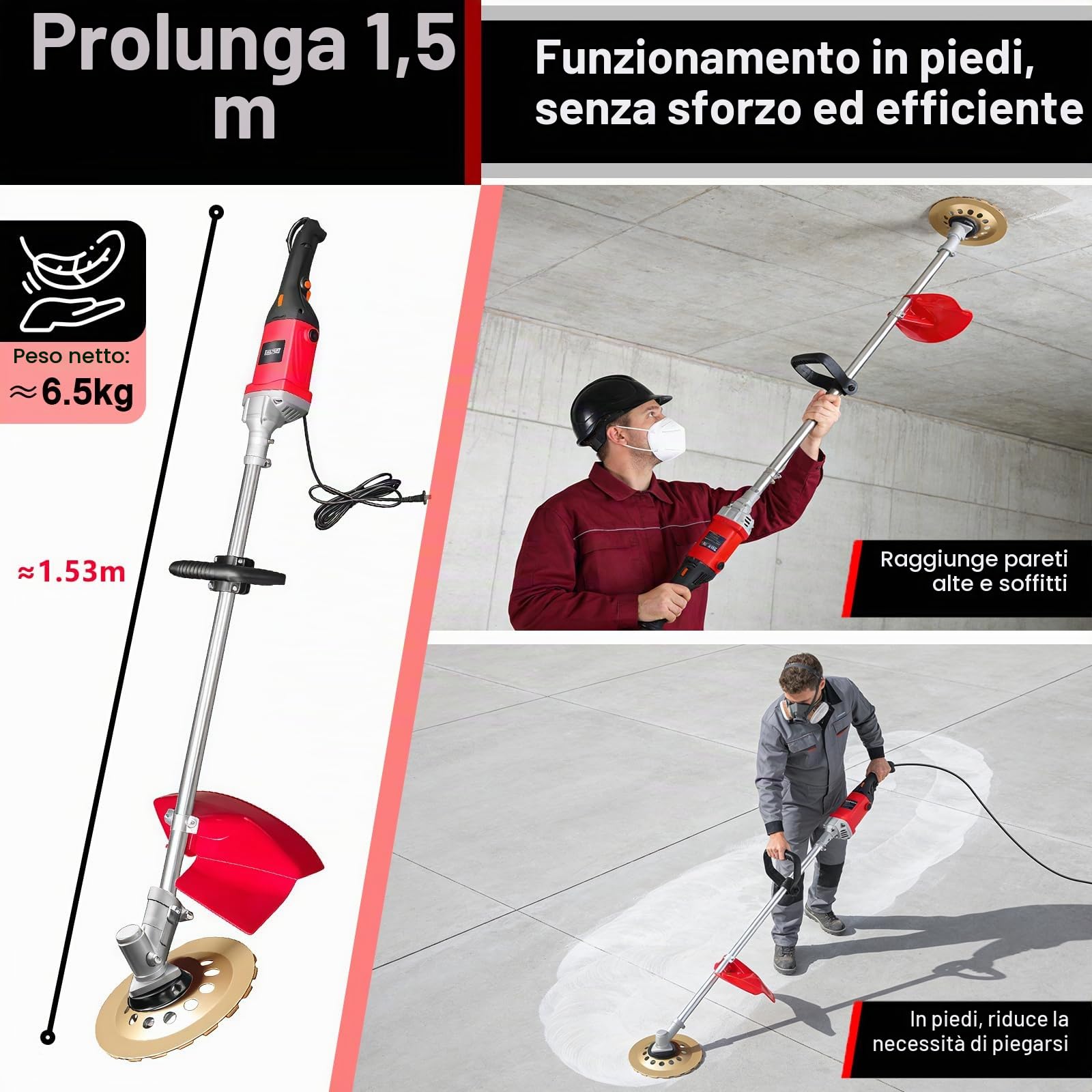 Smerigliatrice per Calcestruzzo, 1,5 m Giraffa Levigatrice per Muro, Levigatrice per Cemento Elettrica 2800W, con Piatto Levigante 180 mm, Spazzola a Tazza 200 mm, per Calcestruzzo, Pareti e Metallo