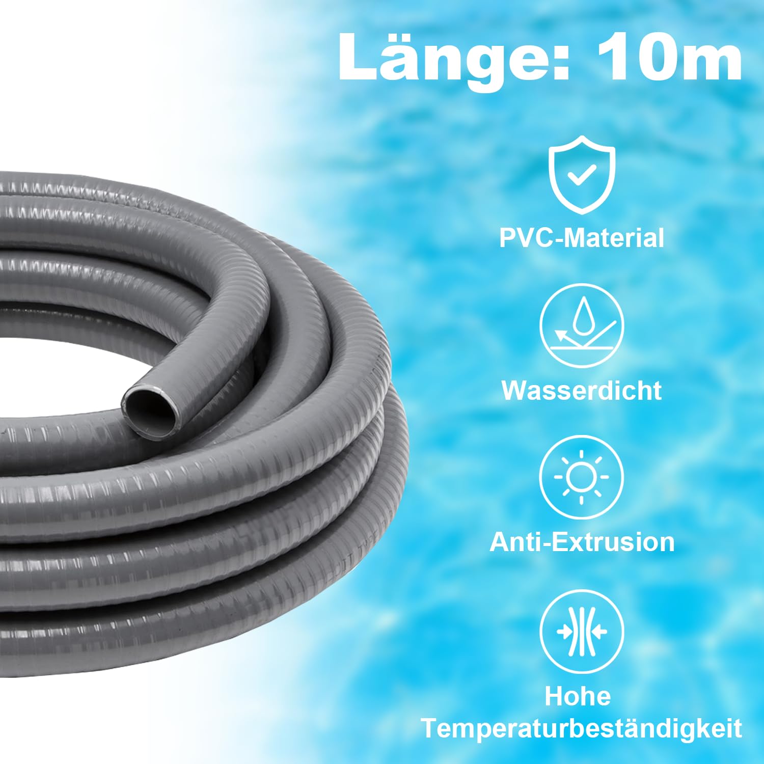 10 m PVC Flexschlauch Ø 50mm Wasserpfeife Teichschlauch, Klebeschlauch für Garten, Pool, Teich