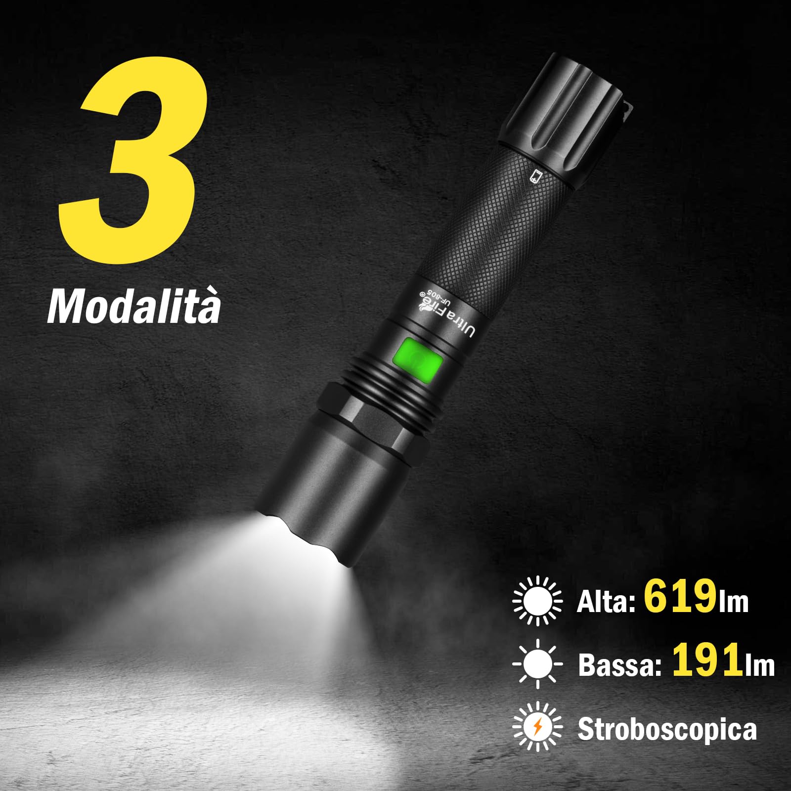 UltraFire Torcia a LED ricaricabile da 12 pollici, 619 lumen, torcia di sicurezza, 3 modalità con lampeggio rosso, USB-C, per il controllo del traffico, aeroporto, vigili del fuoco, parcheggio