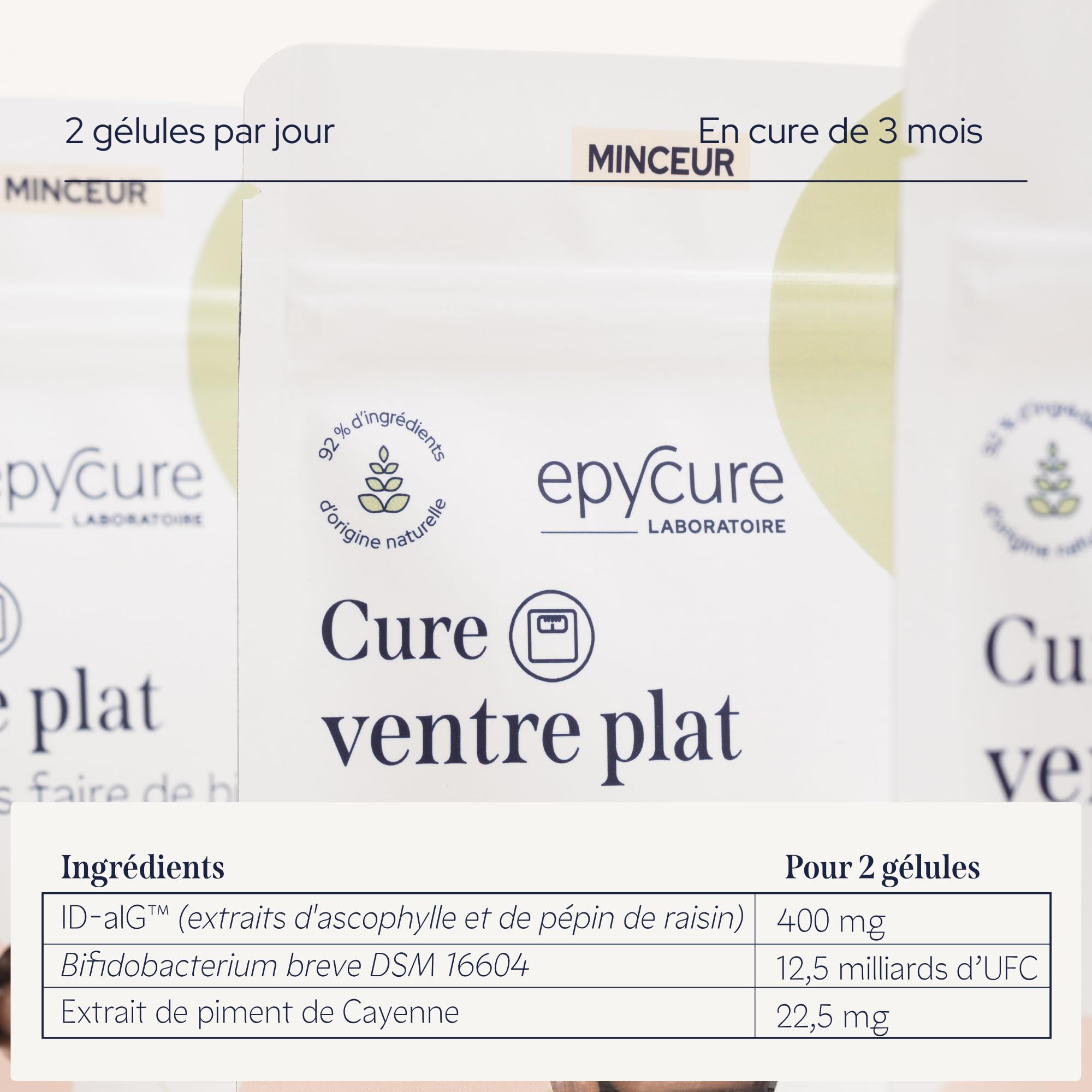 EPYCURE - Cure Ventre Plat - Réduction des Graisses Abdominales, Ballonnements, Silhouette Affinée - 100% Naturel - Pépins de raisin, Piment Cayenne, Probiotiques - Vegan Made in France (Coffret de 3)