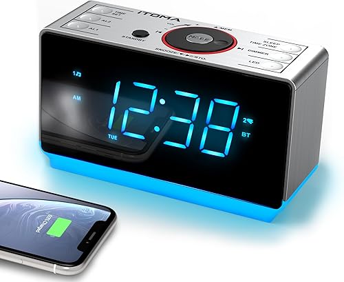 iTOMA Radio despertador con altavoz Bluetooth, radio FM, alarma dual con repetición, pantalla LED grande, control de atenuación, salida de carga USB