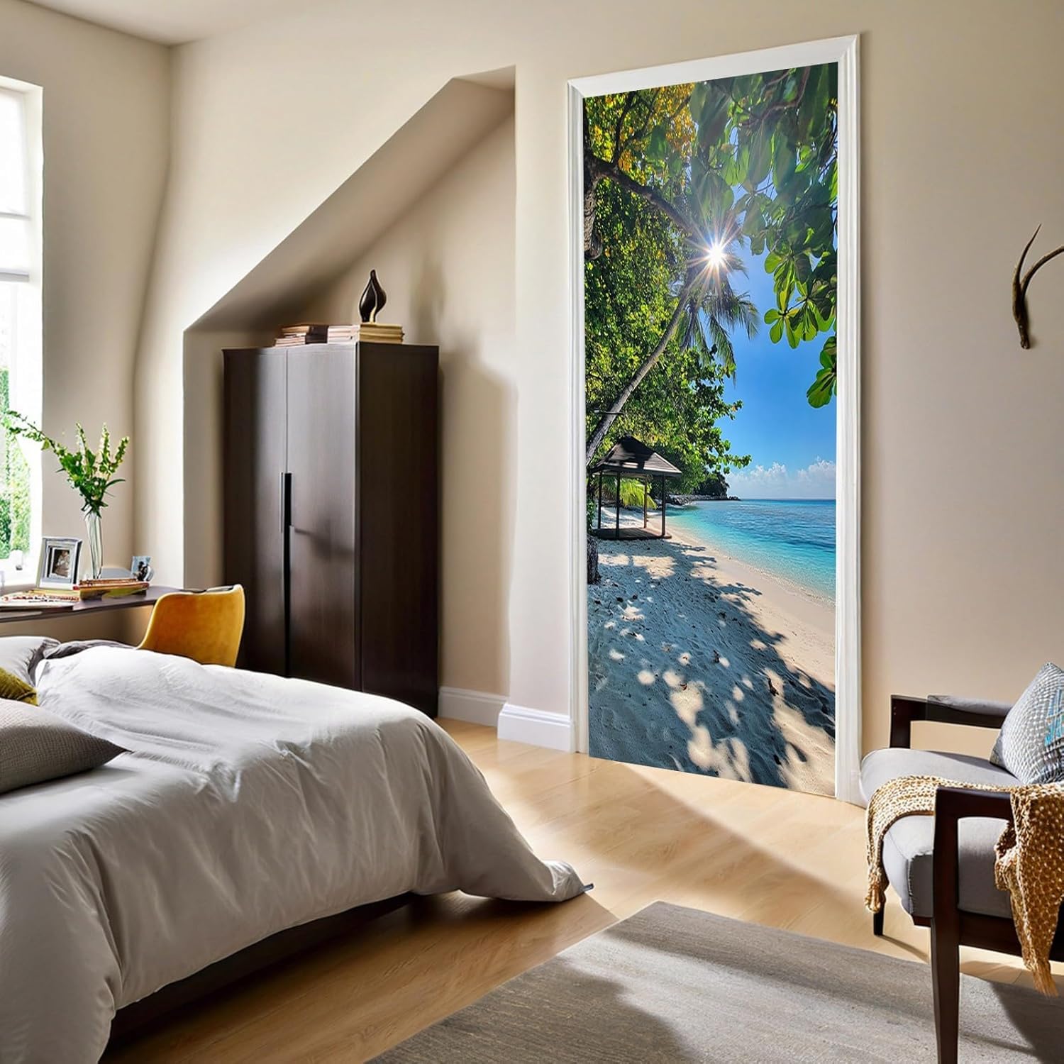 Sticker Porte Plage Tropicale, Stickers Porte Trompe L'oeil Vue sur Océan Autocollant Poster Auto-Adhésif Art Décor Pour Chambre Salon Salle de Bain Papier Peint 95x215 cm 4624n