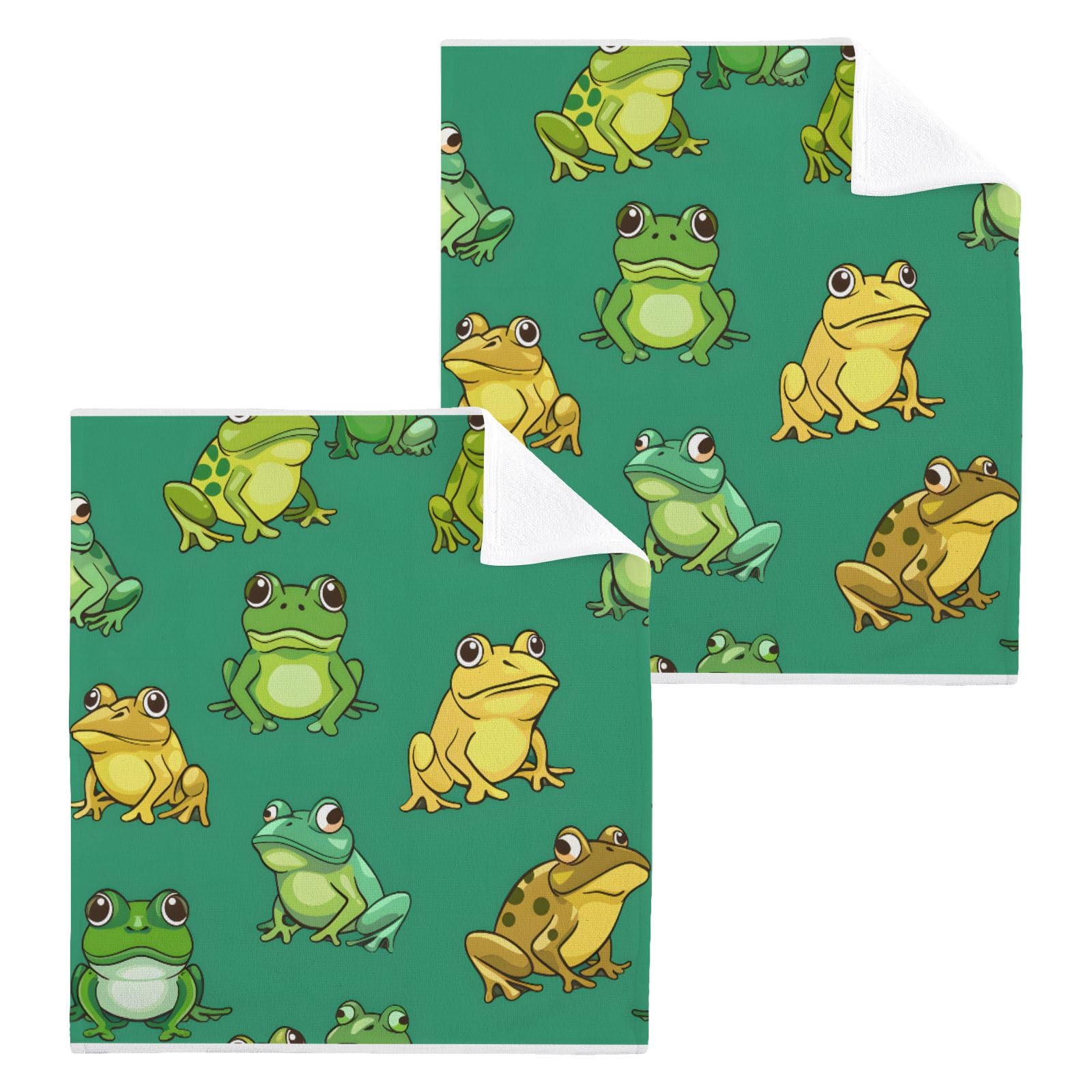 ALAZA Wash Cloth Set 100% Cotton Fingertip Towels Face Cloths Sets Cartoon Frogs Highly Absorbent Soft Feel Set of 2
