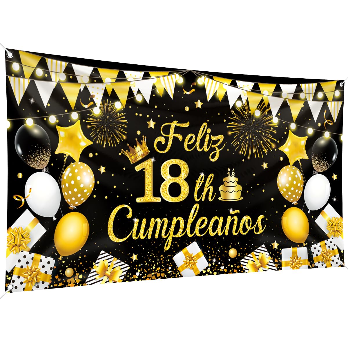 Pancarta fondo Feliz Cumpleaños 200 x 110 cm, tamaño grande, pancarta feliz cumpleaños, pancarta fondo negro y dorado, suministros decoración fiesta cumpleaños, celebración fiesta cumpleaños (18th)