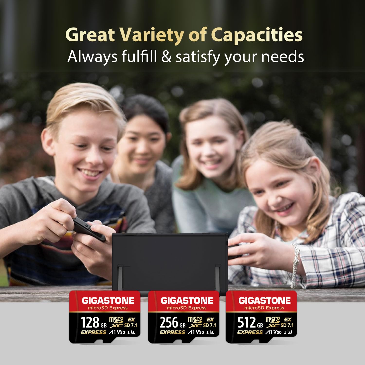【Diseñada para Switch 2】GIGASTONE 512GB microSD Express R/W 880/650MB/s, Memoria SDXC 2.0 3.0 5.0 7.1 UHS-I UHS-II, Cámara de Acción Dron, V30 Adaptador SD y Lector USB-C【5 Años Recuperación de Datos】