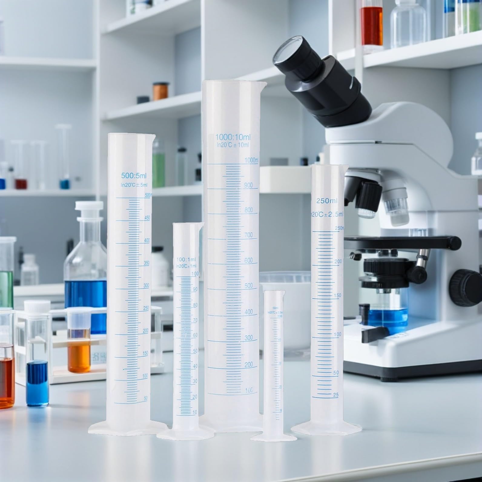 Healvian Cilindri Graduati Base Pentagonale in Plastica per Set da 5 per Misurazioni di Liquidi da Laboratorio, Capacità da 50ml a 1000ml per Processi Chimici ed Esperimenti