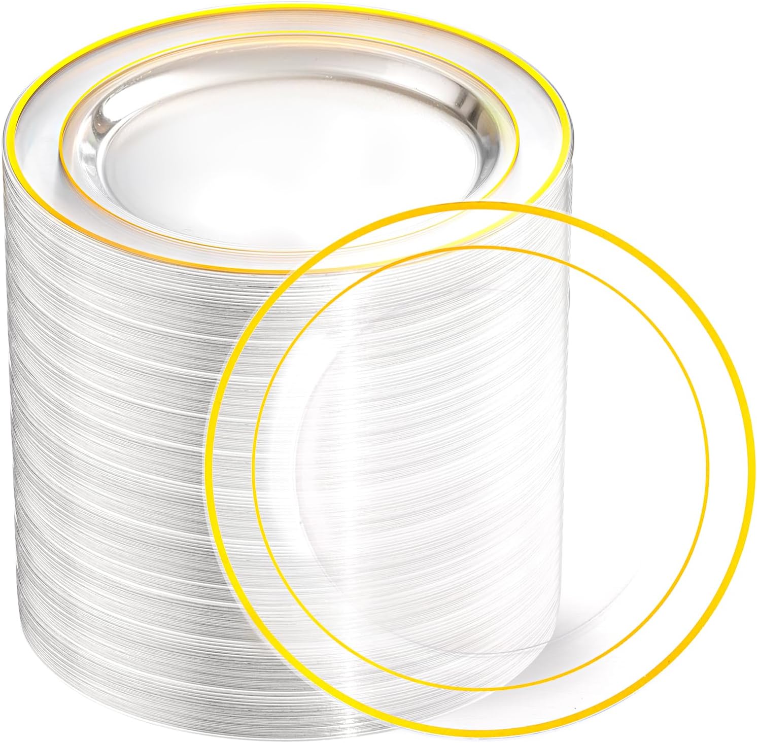 bucla 100 pieces clear gold plastic plates disposable - 6.25 inch clear plastic dessert plates with gold trim for party, wedding & thanksgiving 6.25inch-100pcs-clear gold