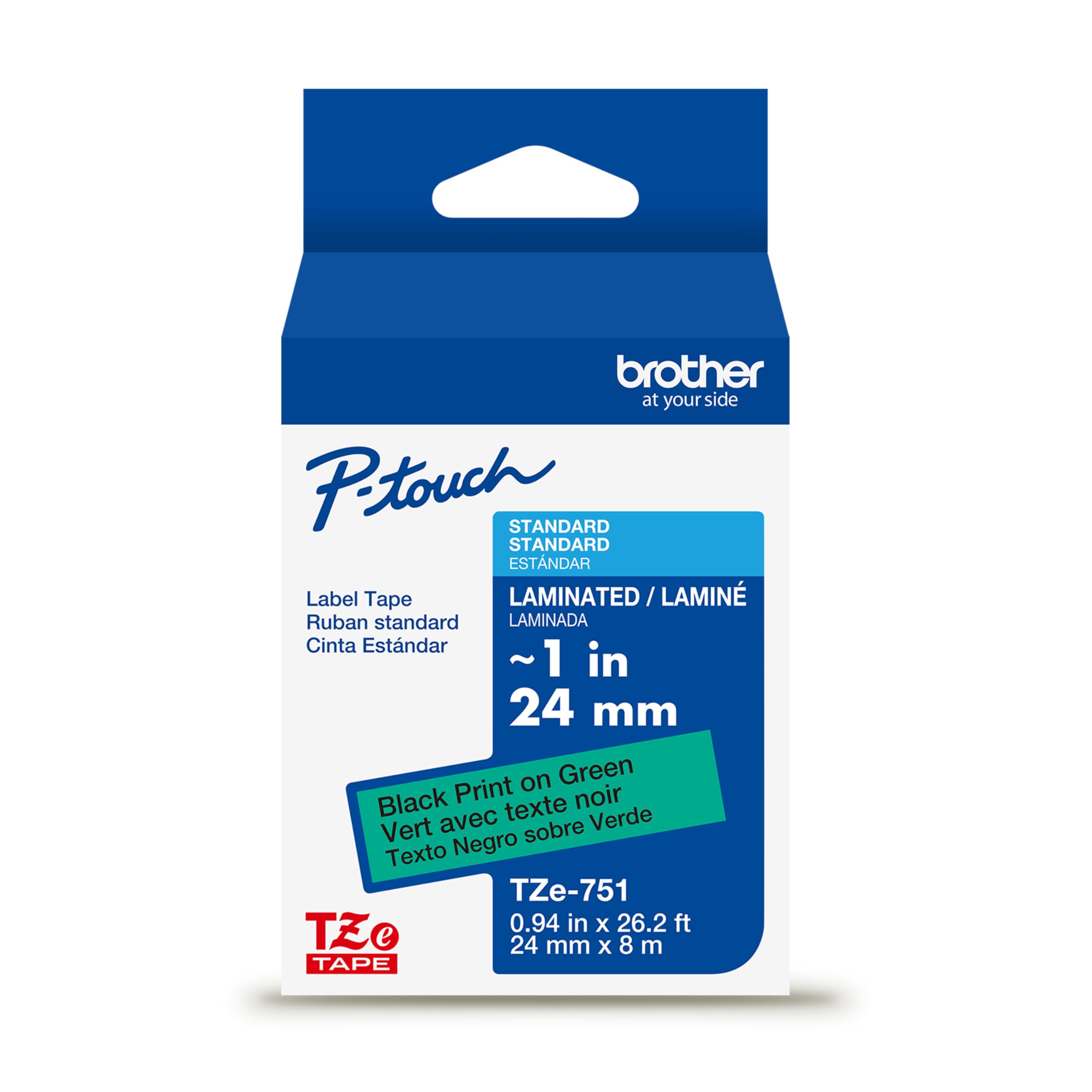 Brother Genuine P-Touch TZe Black Print on Green Label Tape (TZe751), Laminated, ~1in x 26.2ft (24mm x 8m), for Select P-Touch Label Makers, Durable,