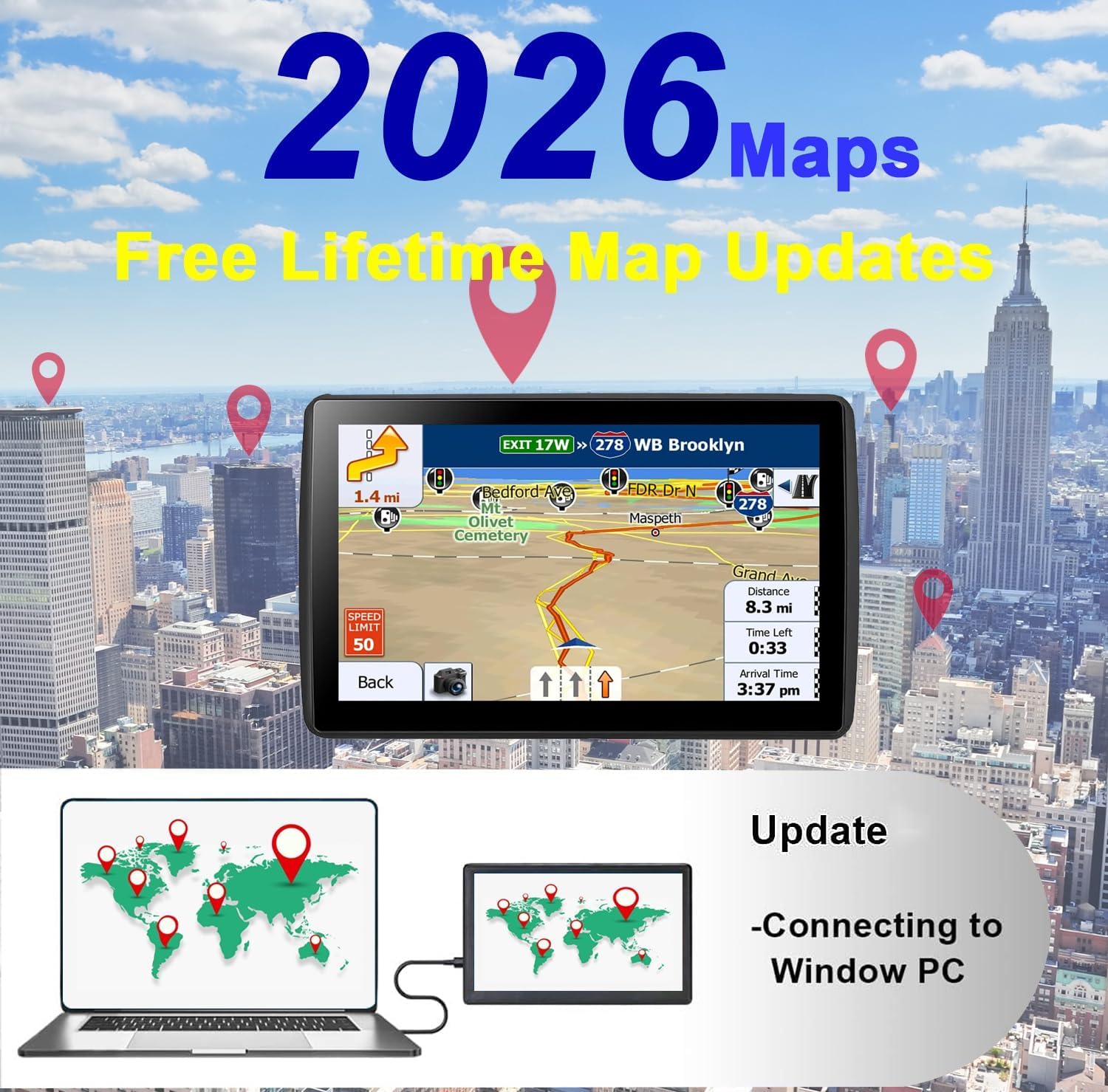 GPS Navigator for Car Truck RV, 7-Inch Car GPS with 2026 Maps Free Lifetime Updates, Voice Guidance, Speed Camera Alerts, Custom Truck Routing, Turn-by-Turn Voice Guidance - 2
