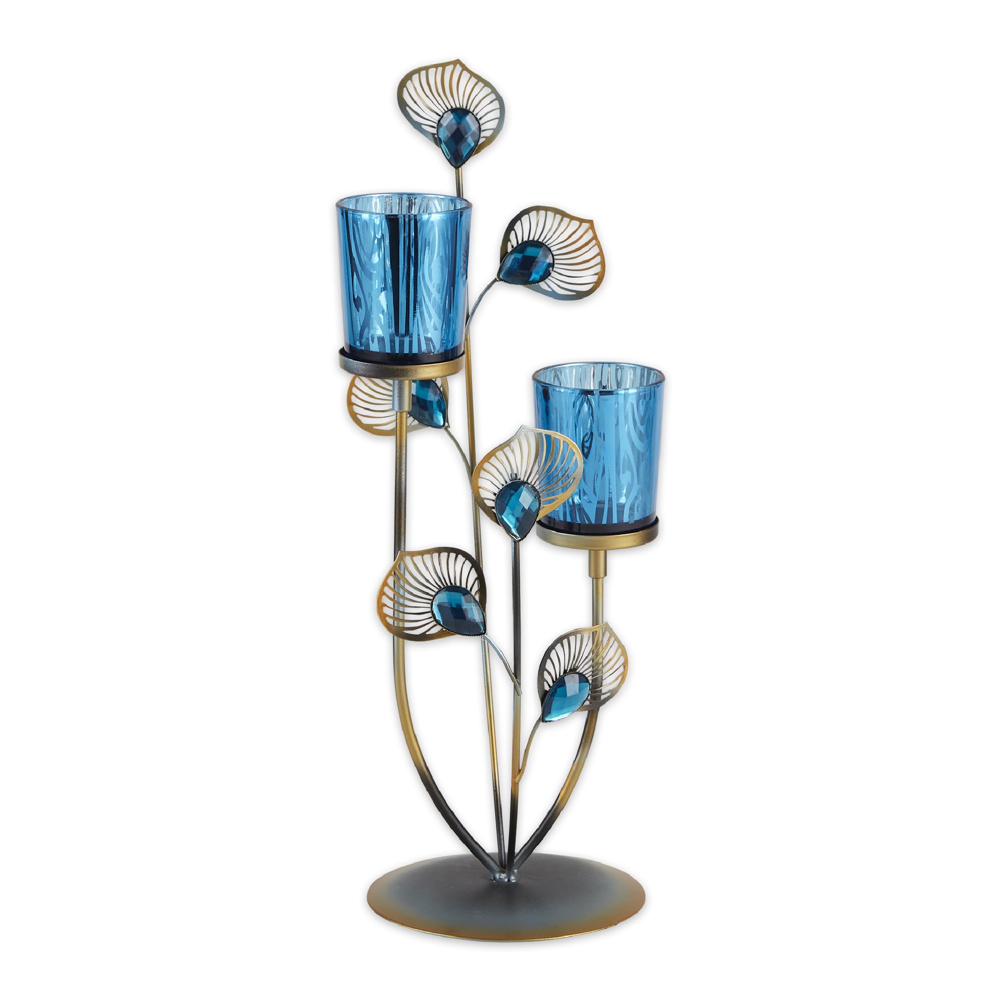 Zingz & Thingz Exotic Peacock Plume Collection Tealight & Candle Lighting, 4.625x4.625x14, Holder Duo
