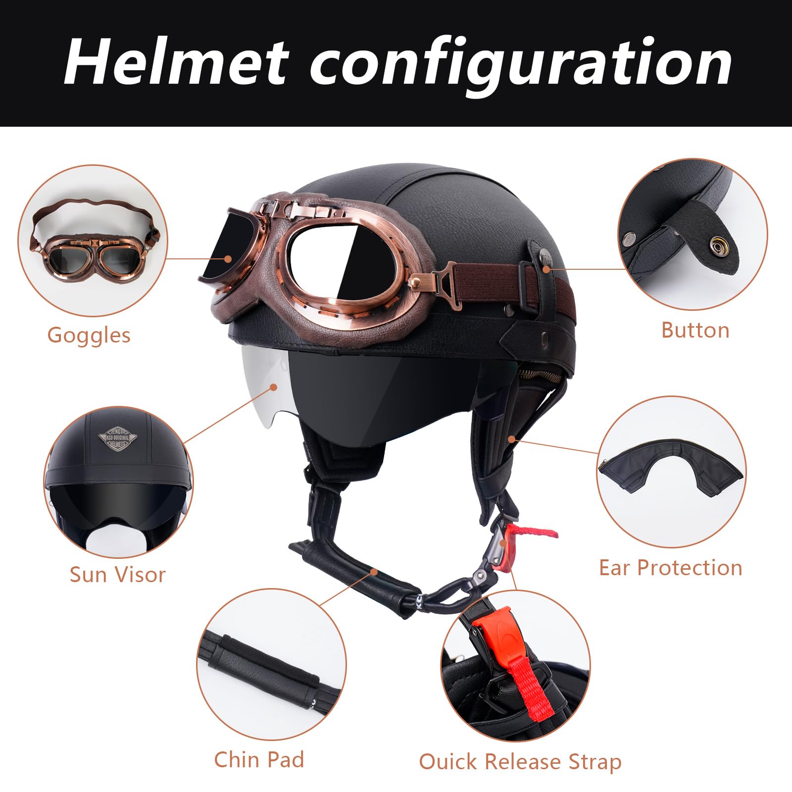 Casco retro para moto, de piel, estilo alemán, con gafas, certificado ECE