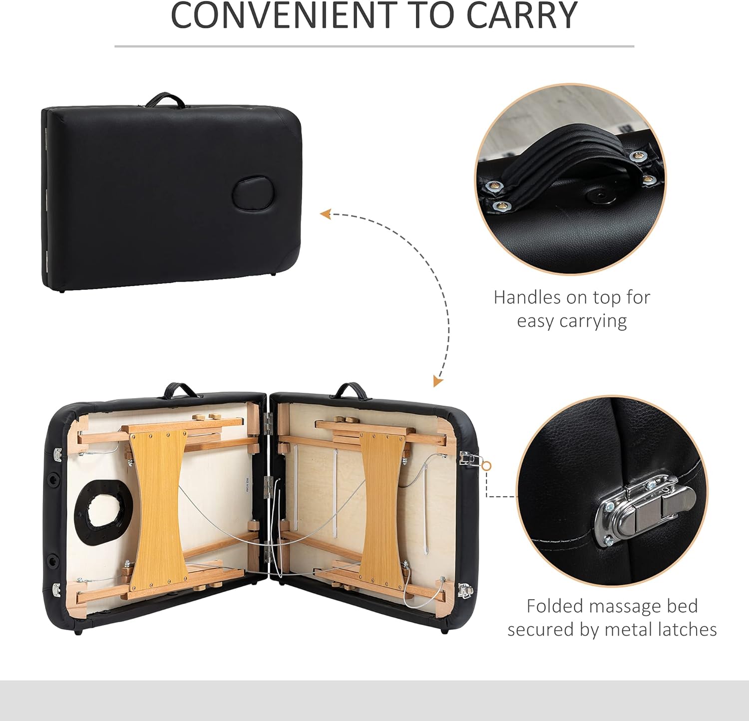 Images showing the folded massage table with carrying handles and metal latches