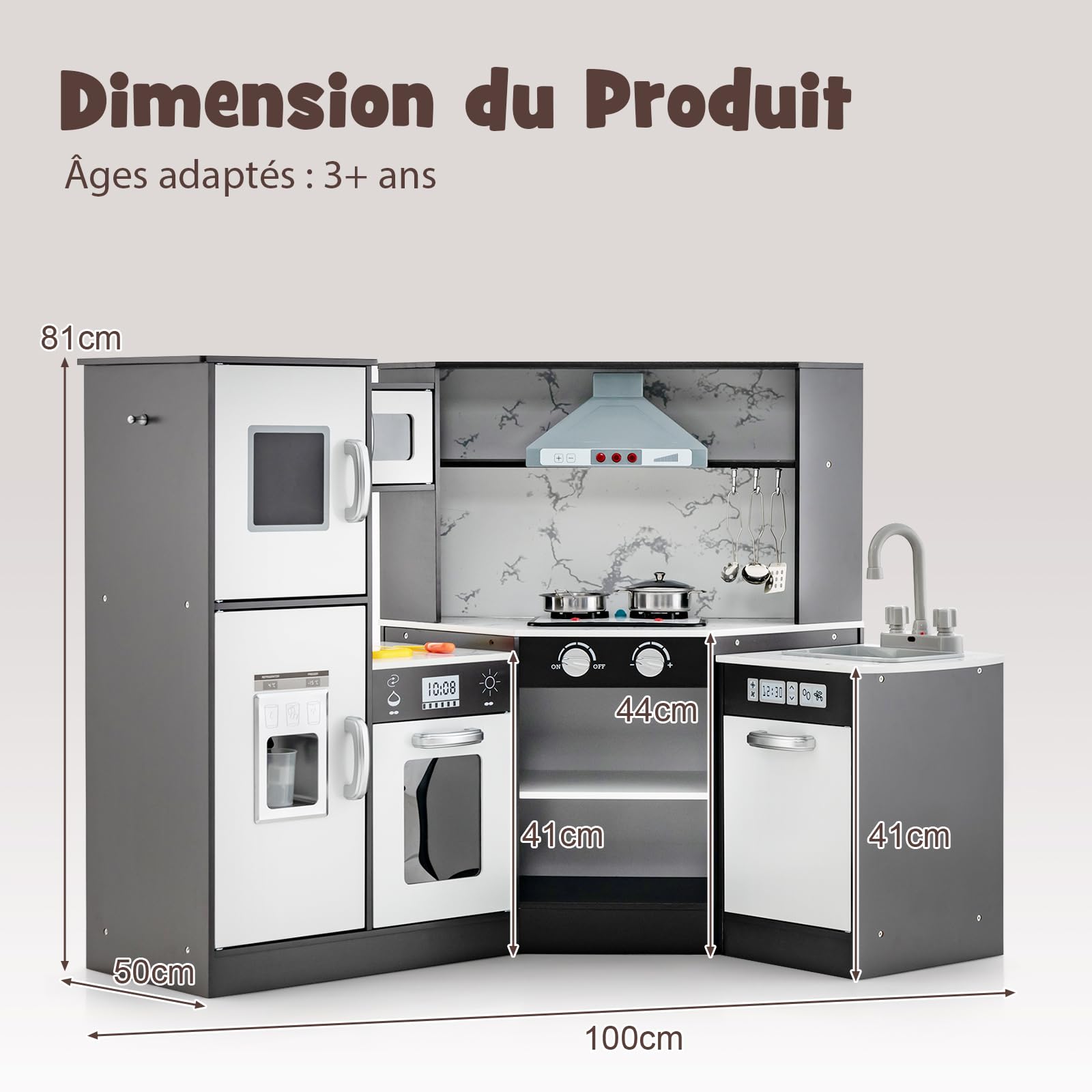 GOPLUS Cuisine en Bois Enfant, Cuisine d'angle avec Tableau Noir, Hotte, Micro-Ondes, Four, Effets Lumineux et Sonores, Accessoires Riches, Jouet d'Imitation pour Enfant 3+ Ans (Café)