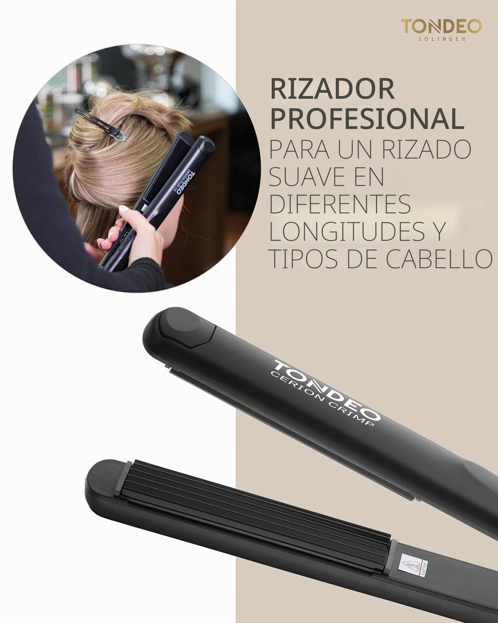 TONDEO Plancha rizadora CERION CRIMP | Ondulador profesional para mayor fijación y más volumen | Placas calefactoras con resorte y temperatura ajustable para un peinado especialmente suave