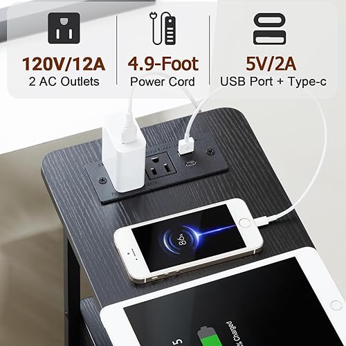 Miniatura 6 de HETNDP03LBK - Juego de 2 mesas auxiliares estrechas con estación de carga, mesa auxiliar delgada con cajones de tela, mesita de noche LED delgada