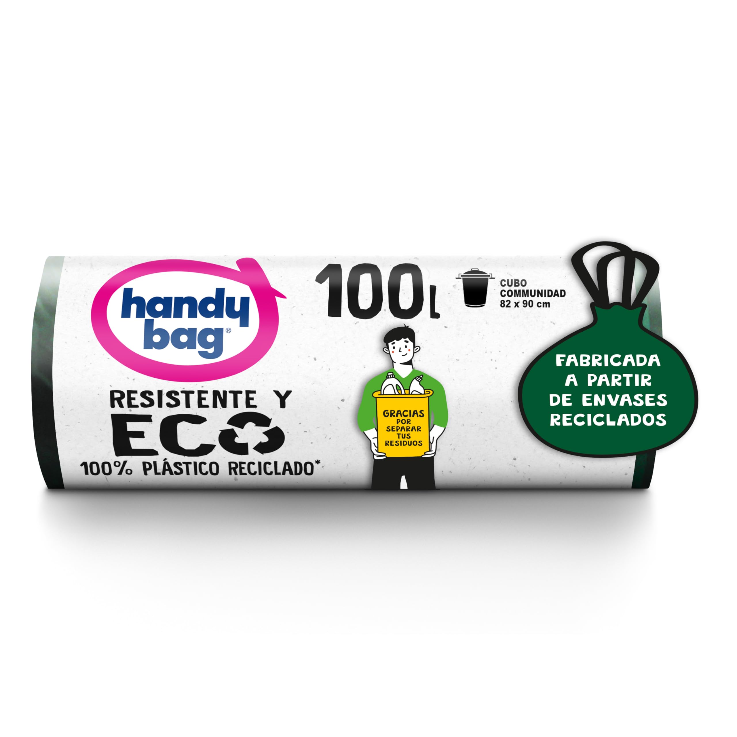 Handy Bag Bolsas de Basura Resistente y Eco, 100% Reciclado, Antigoteo, Autocierre, 100L, 8 Bolsas, 1 paquete Blue Angel
