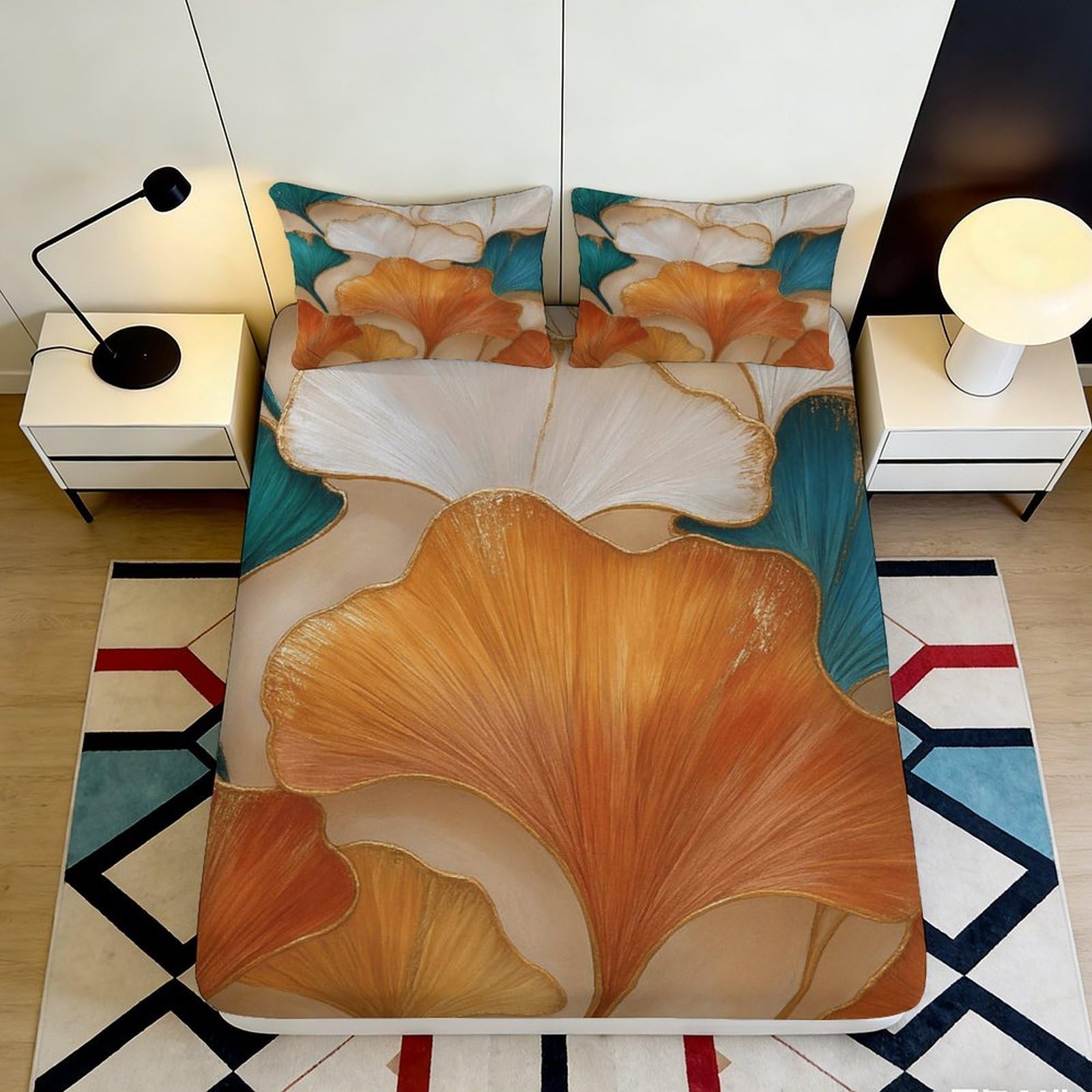 3D Printed Ginkgo Leaf Fitted Sheet Microfiber Orange Teal Abstract Floral Mattress Cover for Bedroom Decor 180x200x25cm