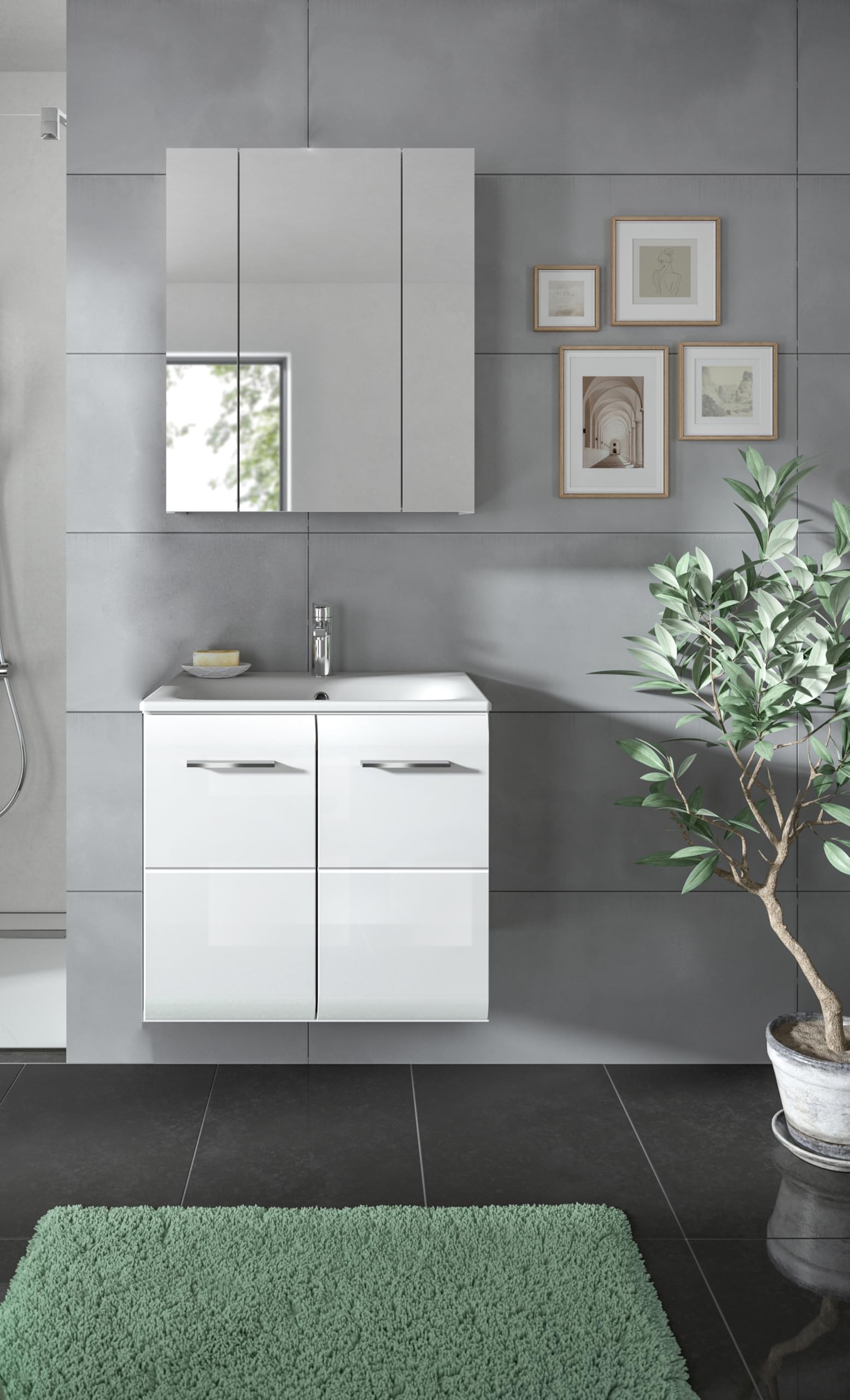 xonox.home – 2 TLG. Stilvolle Badmöbel-Kombination Ice 60x185x46 cm in Korpus weiß Nachbildung und Front weiß Hochglanz – modernes Set für Dein Bad – edel & leicht zu reinigen – Bild 6