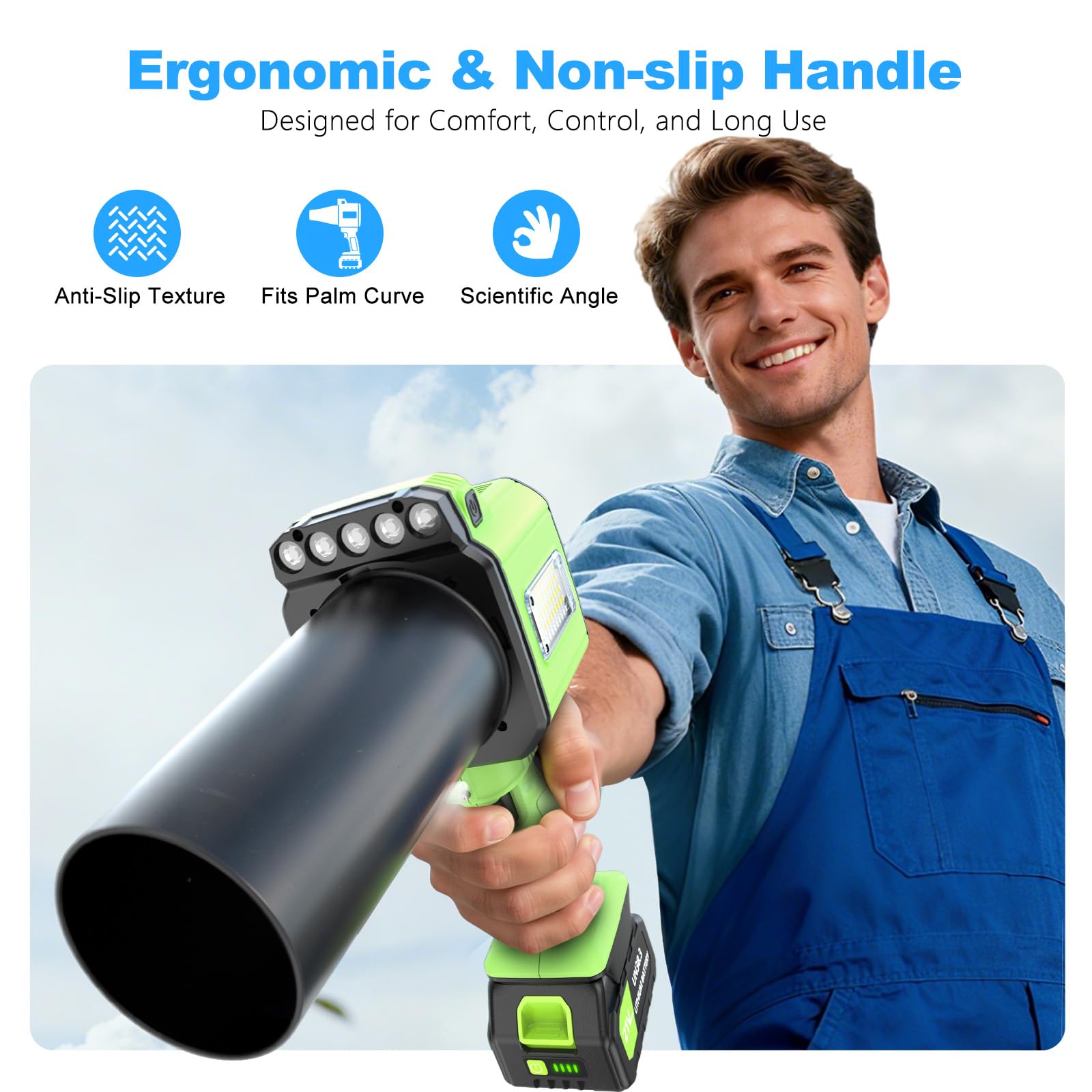 DEGGE Soplador de hojas sin escobillas inalámbrico, sopladores de hojas de mano con luz de trabajo LED, dos boquillas intercambiables, soplador turbo para cuidado del césped, limpieza de patio, polvo