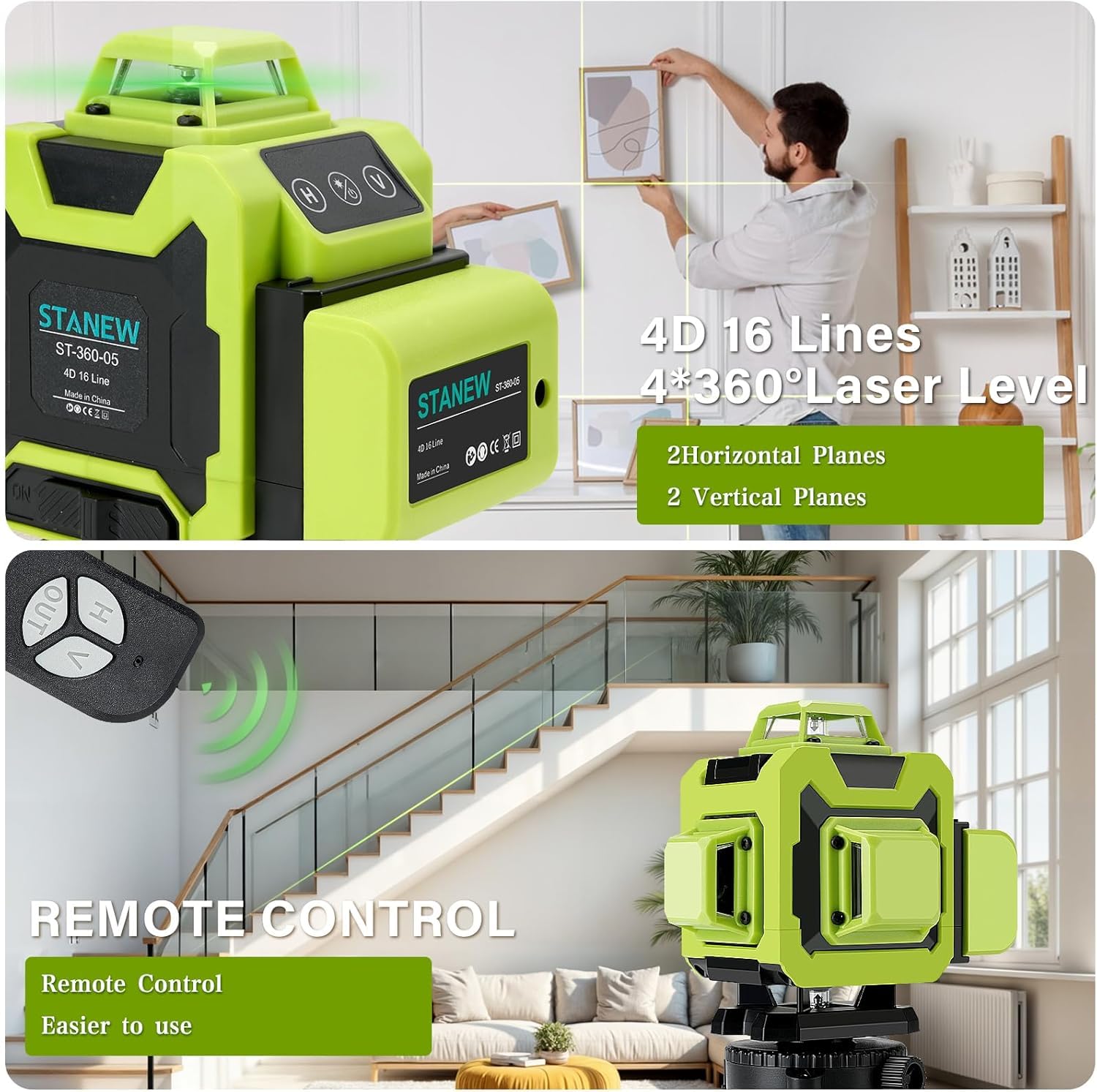 Stanew Niveau Laser 360°x 4 Chantier Autonivelant,Lazer Niveaux 4D 16 Lignes Laser,Nivellement Automatique, Support Rotatif, Télécommande,2x2400 mAh Batterie,Autonivellement et Mode Pulsé Extérieur