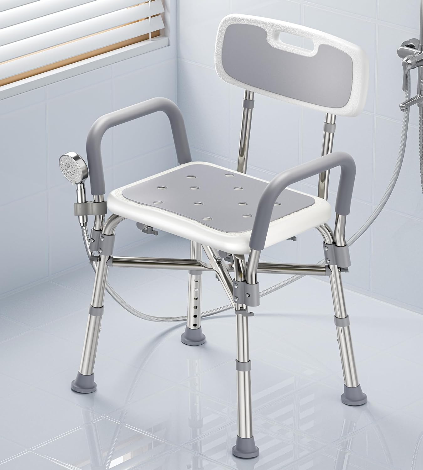 Shower Chair for Elderly and Disabled, Reinforced 500 lbs Bath Seat Stool with Arms and Back for Insider Shower Sit On, Height Adjustable Tub Bench with Crossbars for Adults, Seniors, Easy to Assemble