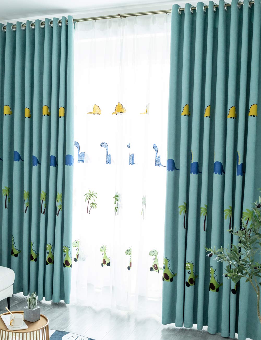 Lactraum Gardine Kinderzimmer Babyzimmer Bestickt Dinosaurier Kokosnussbaum Voile mit Kräuselband 300 x 245 cm (BxH)