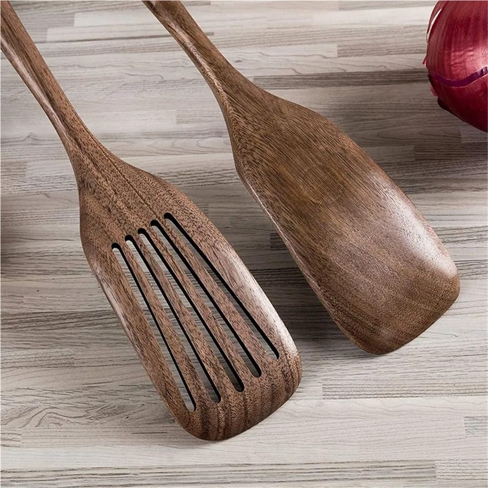 Espátula de Madera y espátula ranurada for cocinar, Mango Largo de Nogal Negro y ranurada for Utensilios de Cocina antiadherentes.