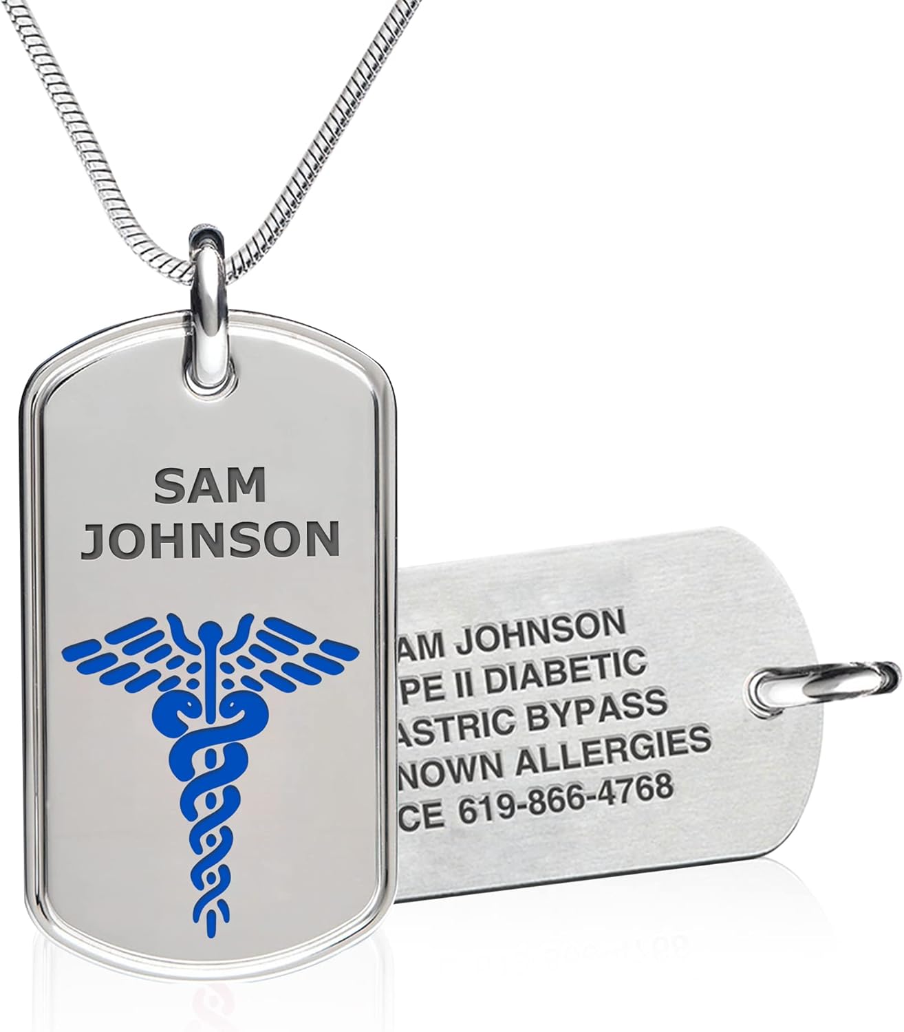 Divoti Custom Laser Engraved Medical Alert Necklace for Men | 28" Ball Chain with Lobster | Personalized Dog Tag ID with Black caduceus | Stainless Steel, Durable Waterproof Design
