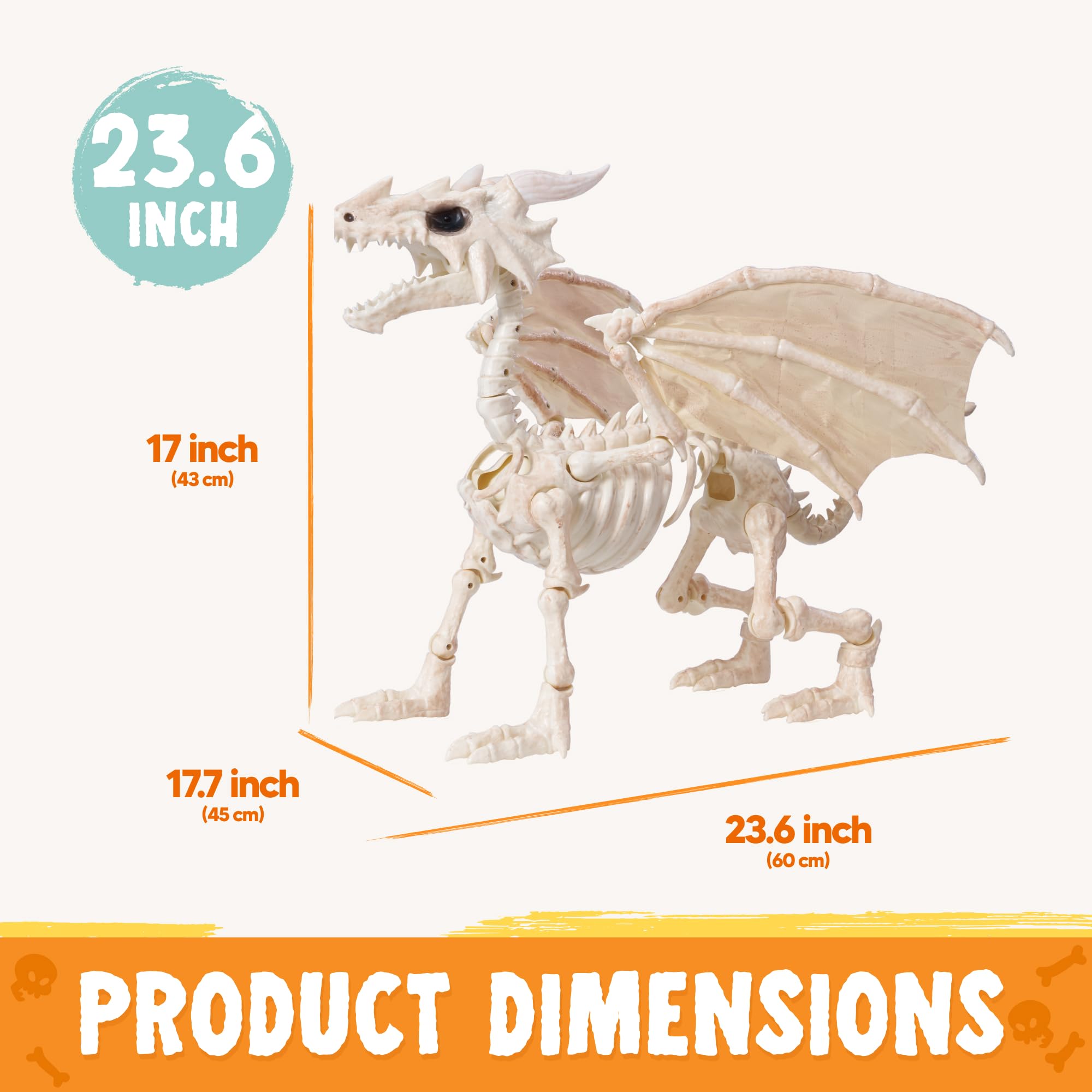 JOYIN Dragon Skeleton Halloween Decoration 23.6 inch ryczący smok ze skrzydłami LED przegubowe stawy animatroniczny ruch aktywowany ruchem zwierzęcym szkieletem dla