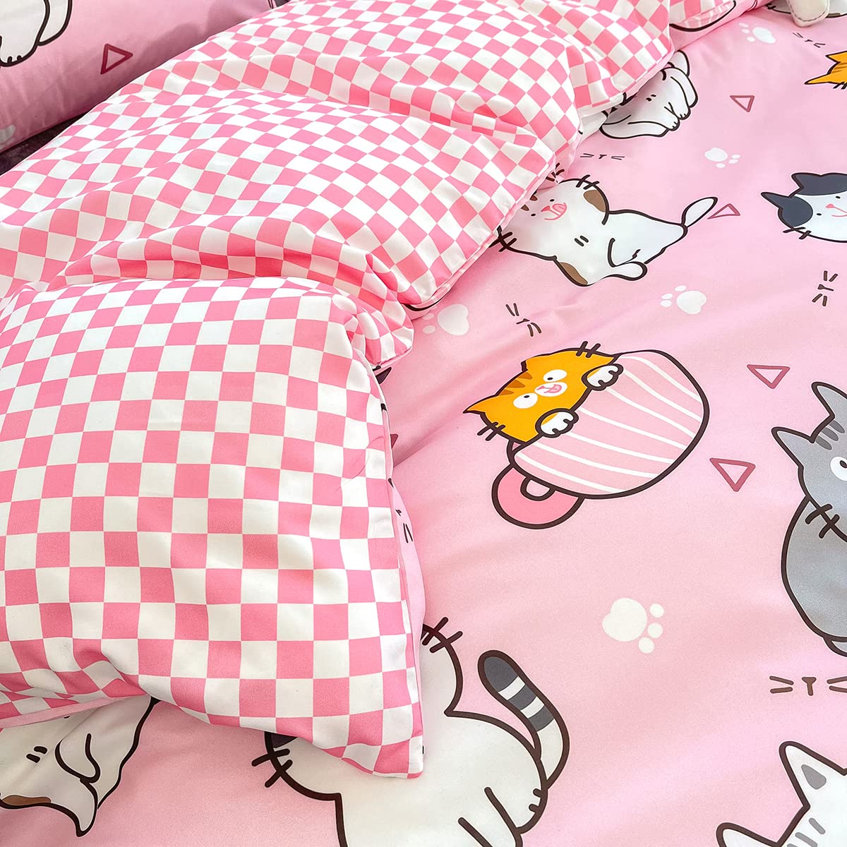 HOSIMA Kids Duvet Cover Set,Pink Cats Duvet Cover Single Size, 3 pcs Kawaii Cat Bedding Set for Girls Boys - Image 4
