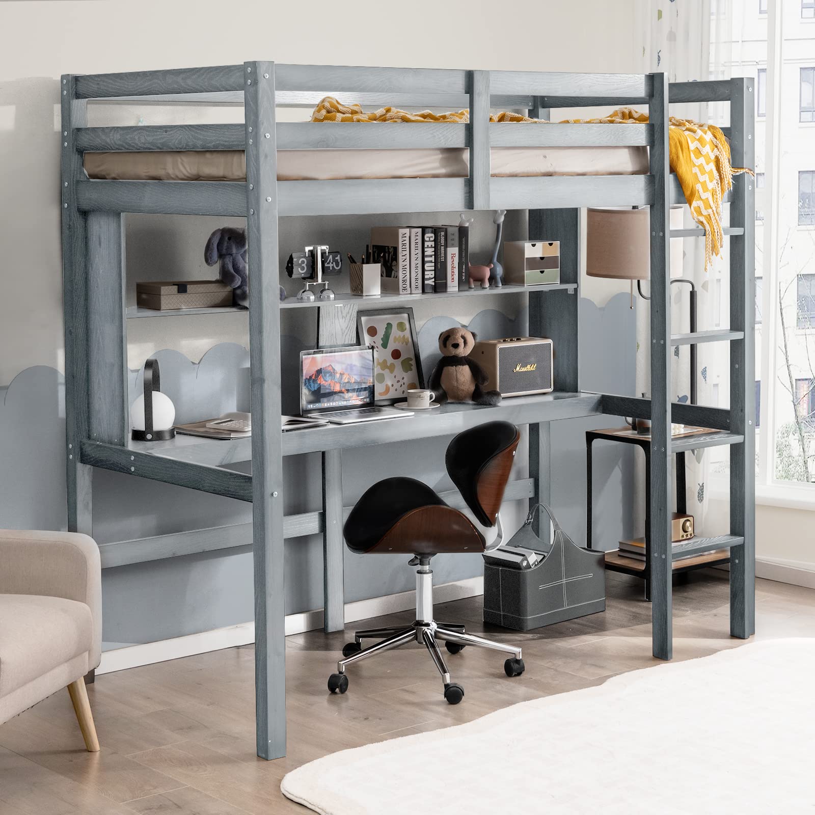 Buy COSTWAY Bunk Bed with Desk and Storage Shelf, Solid Wood Loft Bed