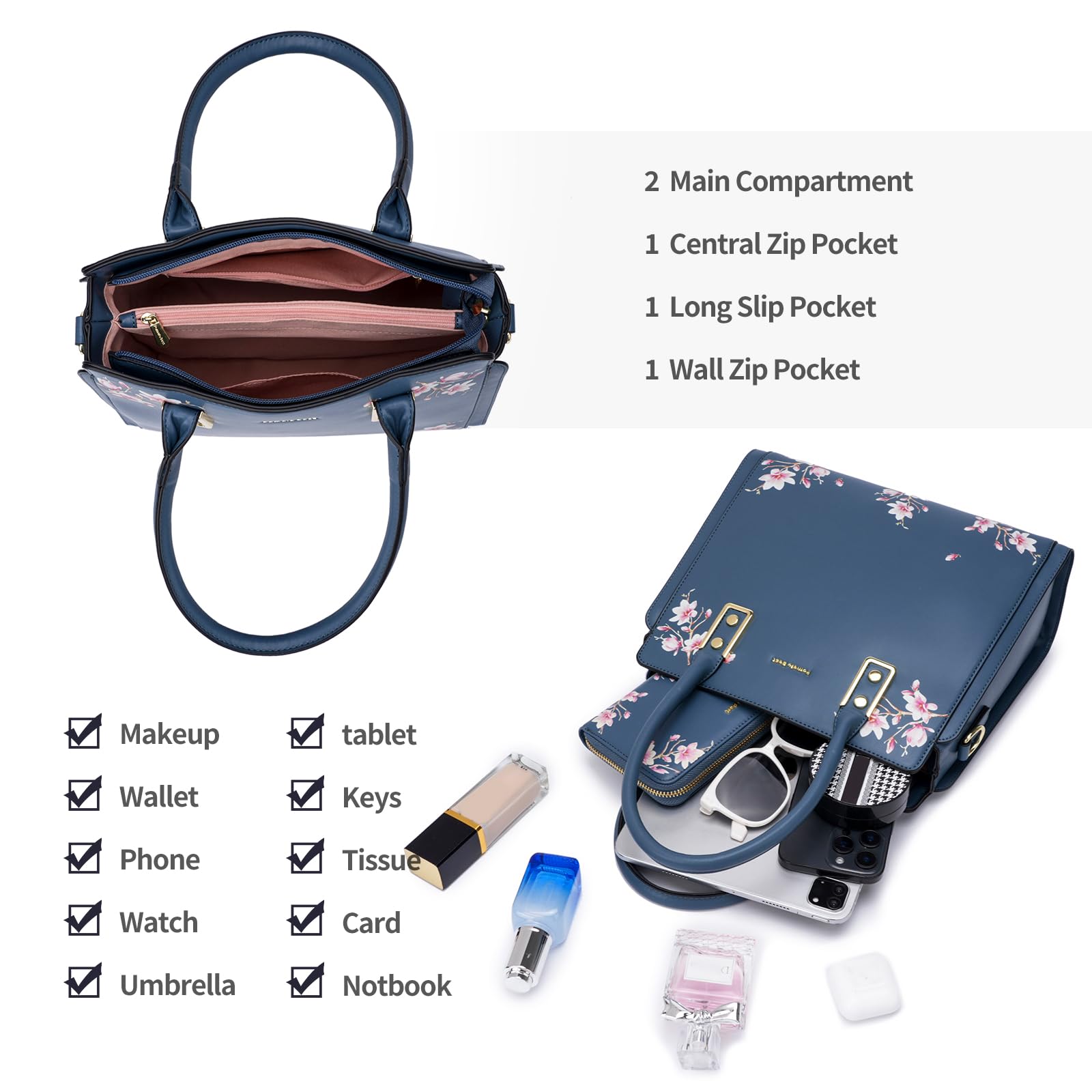 Pomelo Best Purses and Handbags for Women with Multiple Pockets, Leather Top Handle Satchel Fashion Tote Shoulder Bags Ladies: Blue